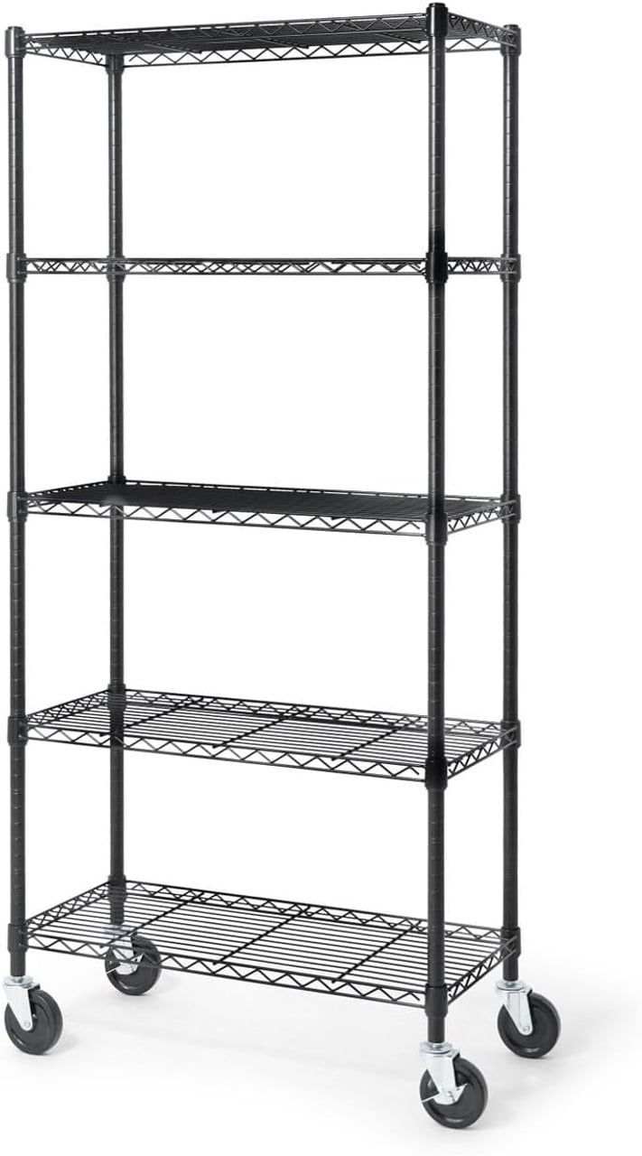 Black 5-Tier Adjustable Metal Wire Shelving Unit with Wheels