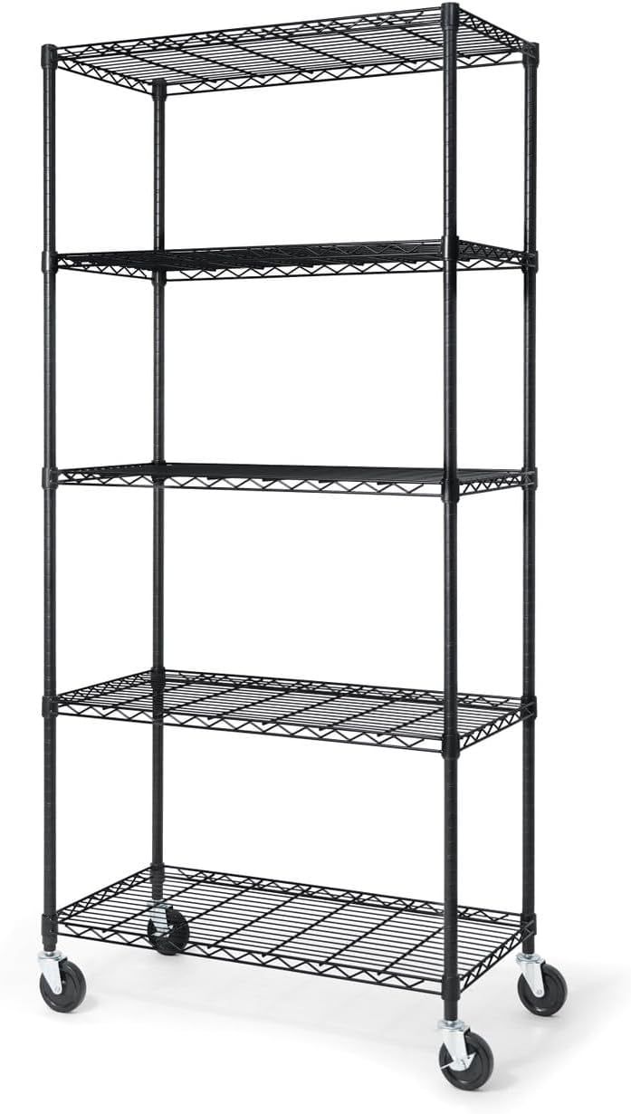 Black 5-Tier Adjustable Metal Wire Shelving Unit with Wheels