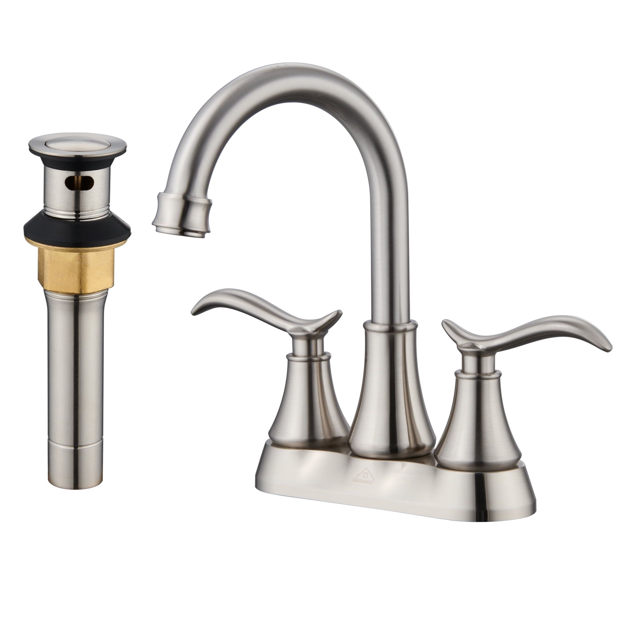 Brushed Nickel Double Handle High Arc Bathroom Faucet with Drain