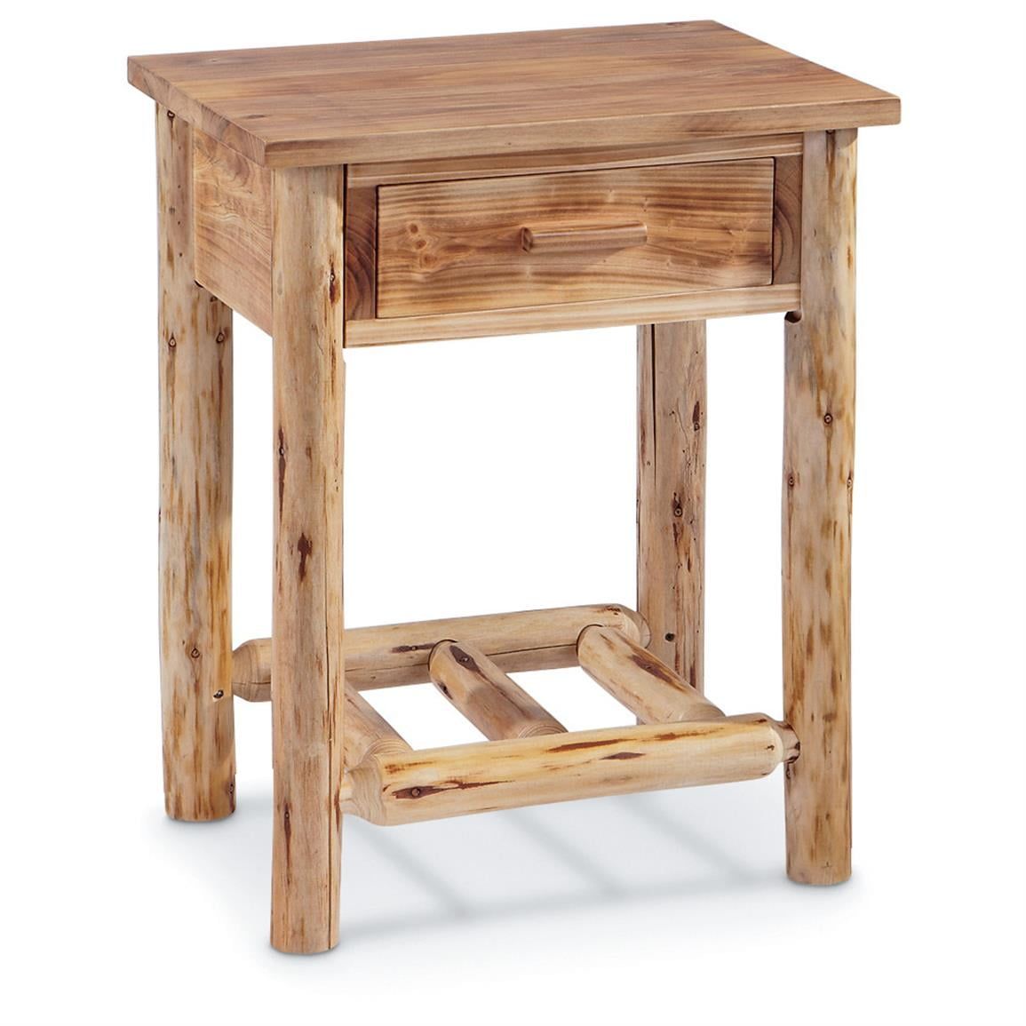 Rustic Natural Weathered Pine Log Side Table with Storage Drawer