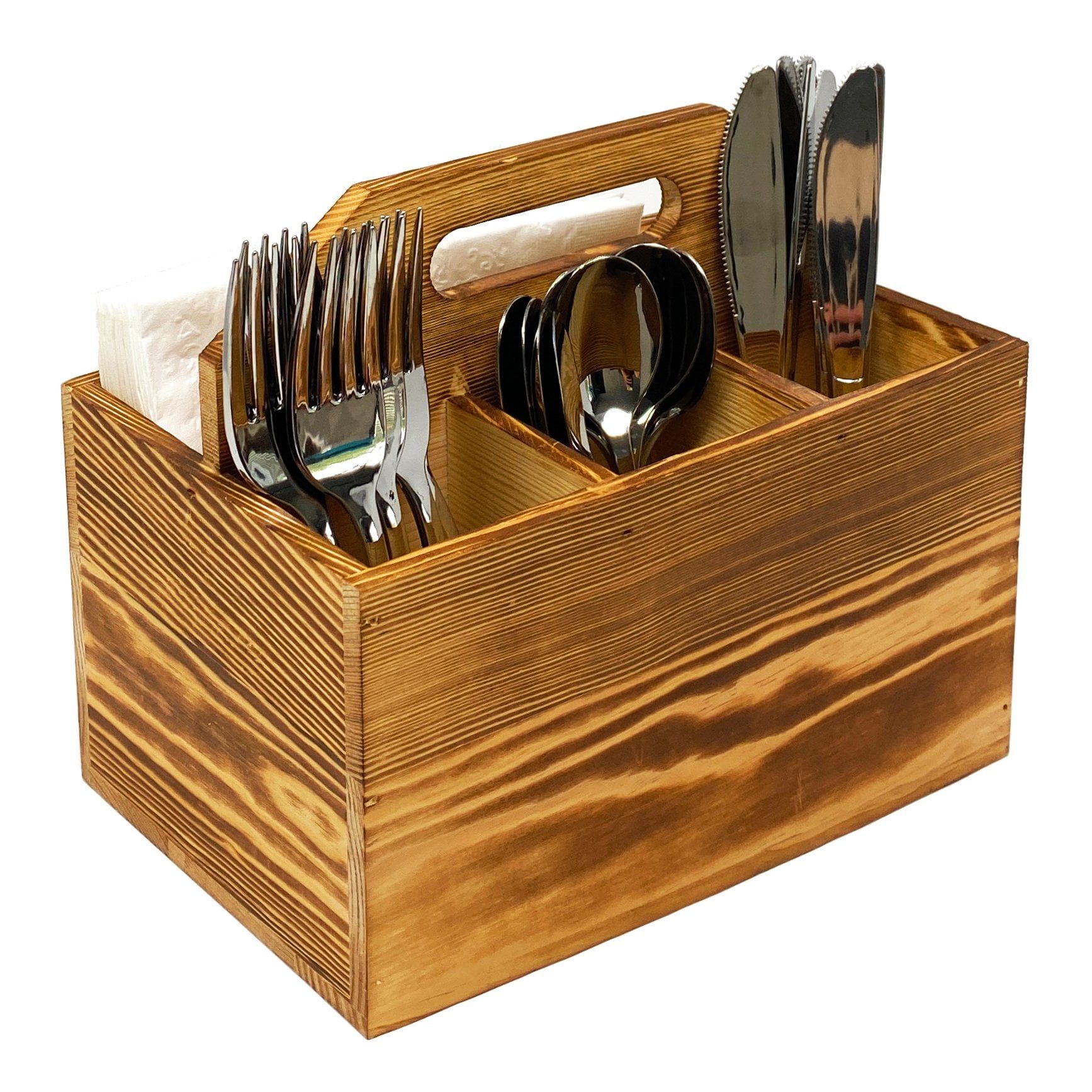 Rustic Pine Wood Utensil and Napkin Holder Caddy