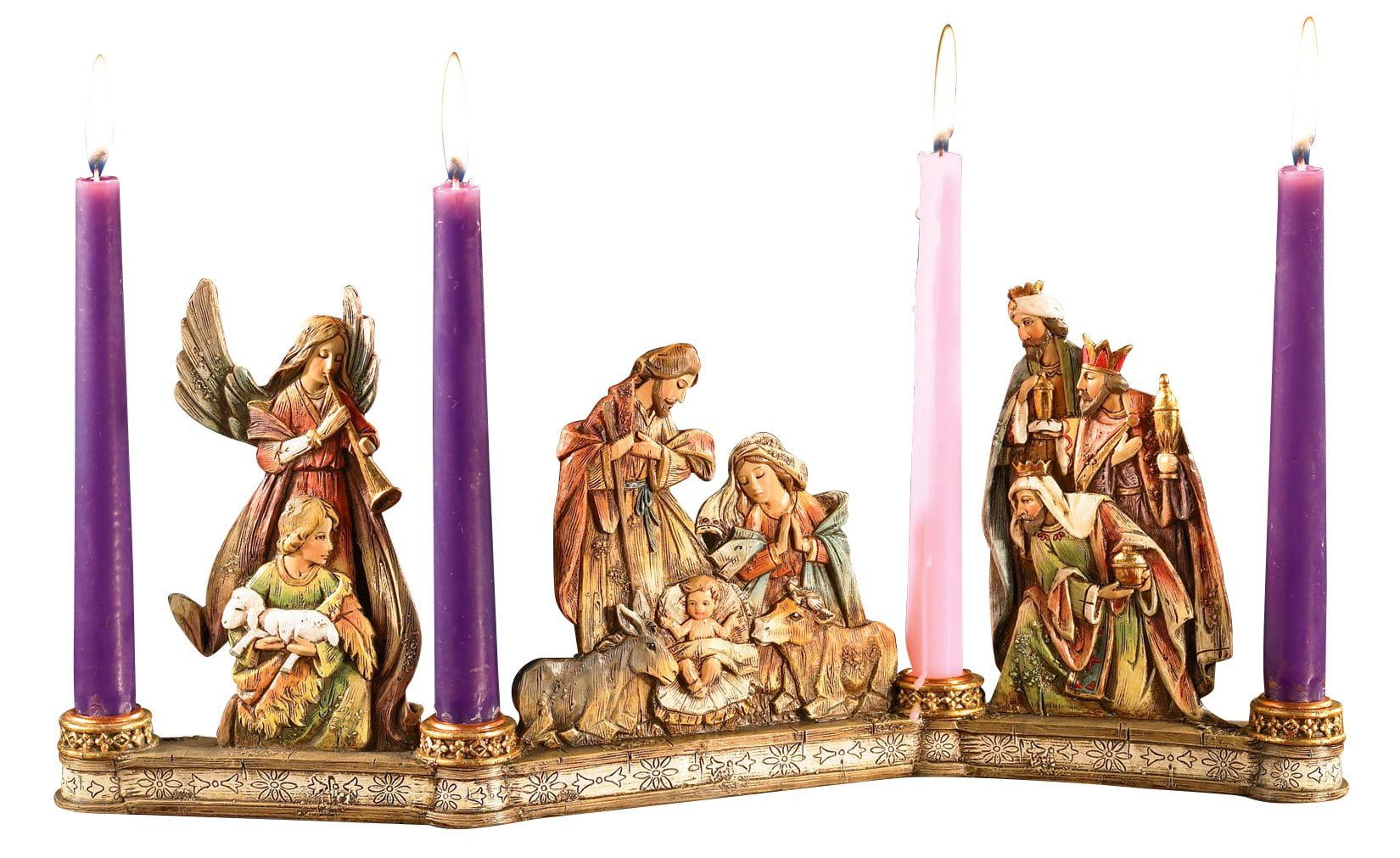 Gold Nativity Scene Advent Candleholder with Purple and Pink Candles