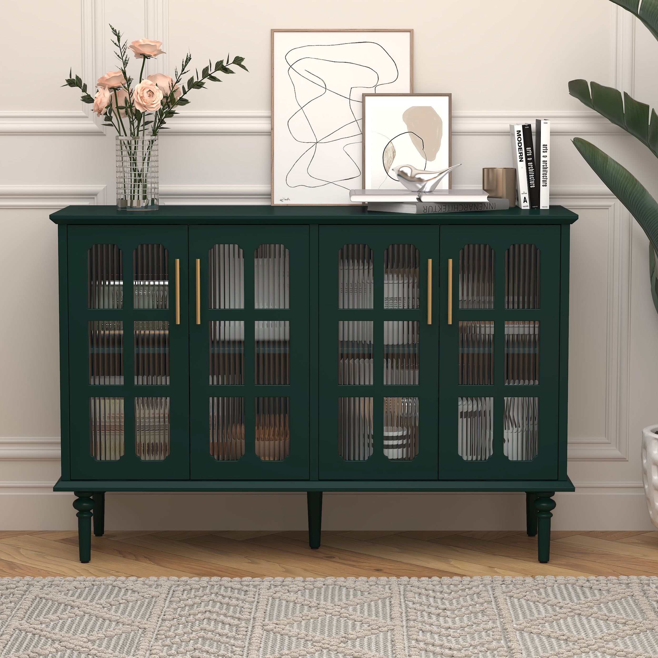 Green 47.6" MDF and Glass Sideboard Cabinet with Adjustable Shelves