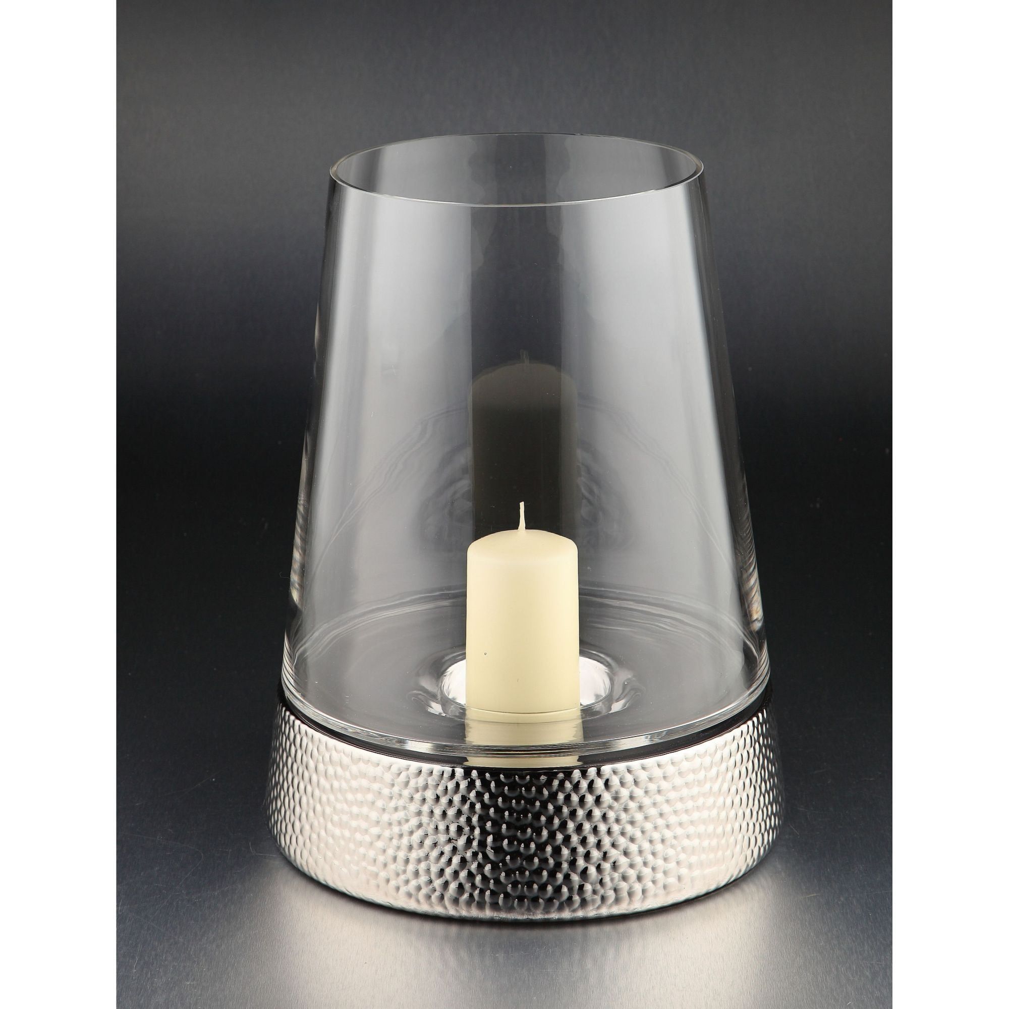 Elegant Silver 14" Glass Hurricane Votive Candle Holder with Textured Base