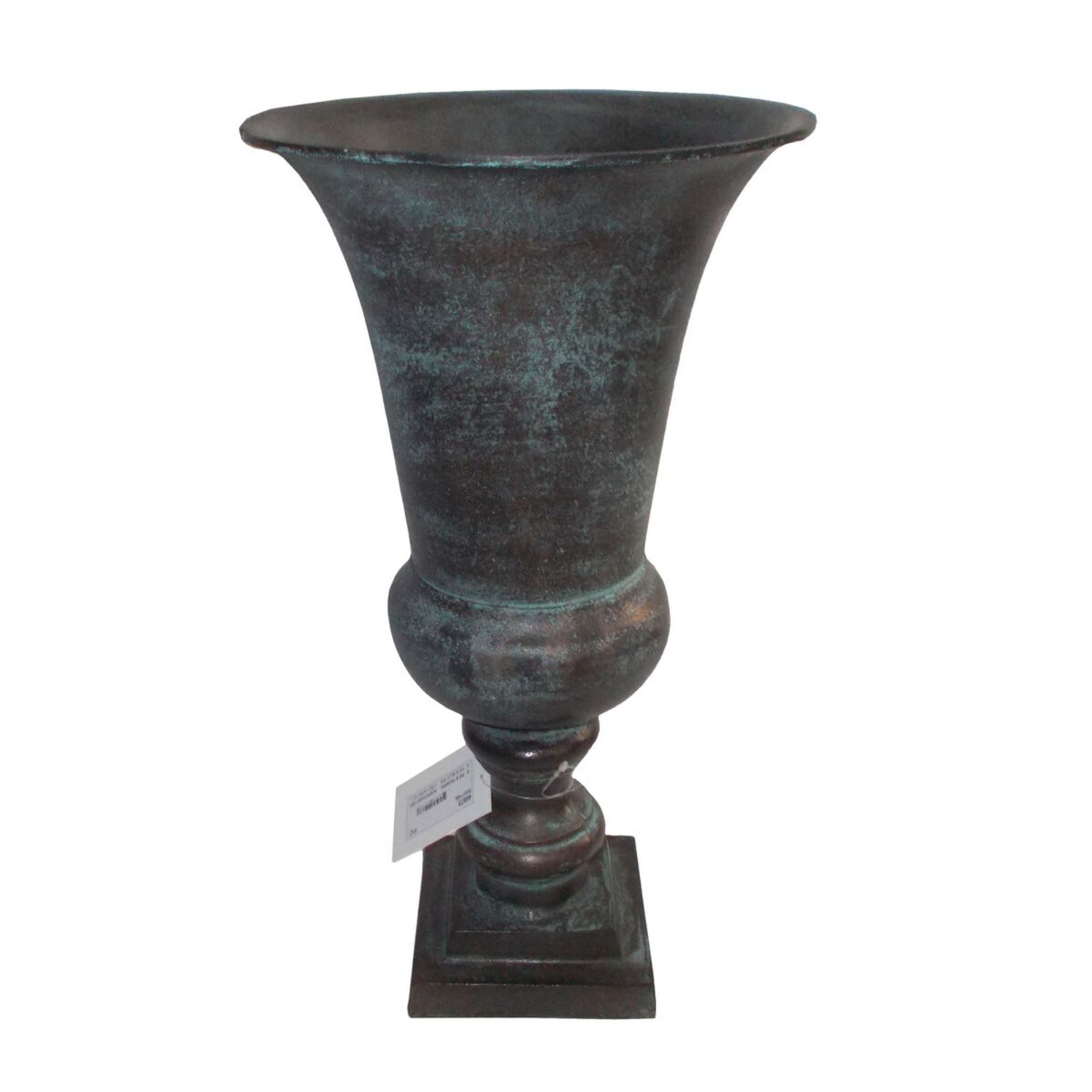 Aged Patina Metal Vase with Wide Opening and Pedestal Base