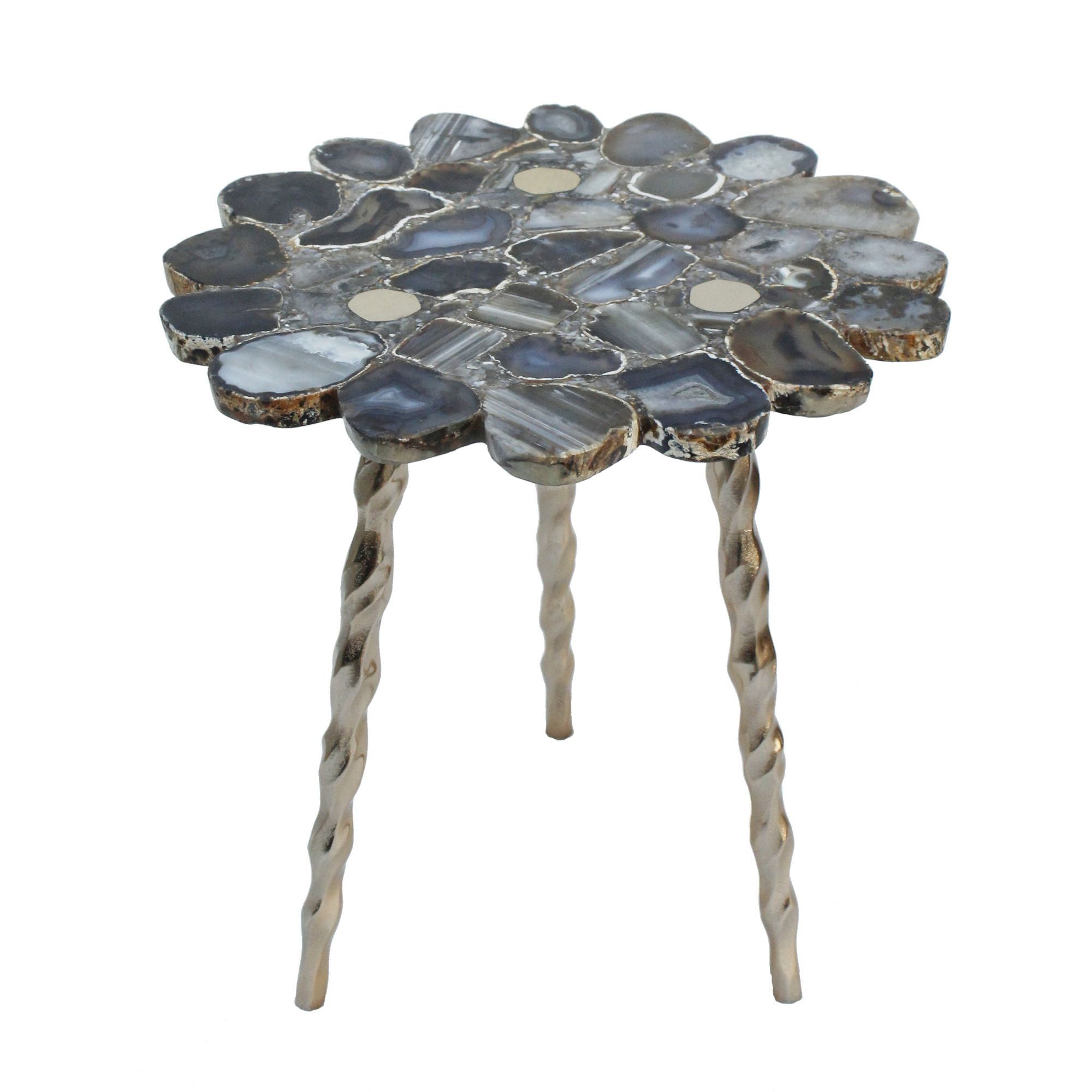 19" Black Agate Side Table with Brass Inlay and Twisted Legs