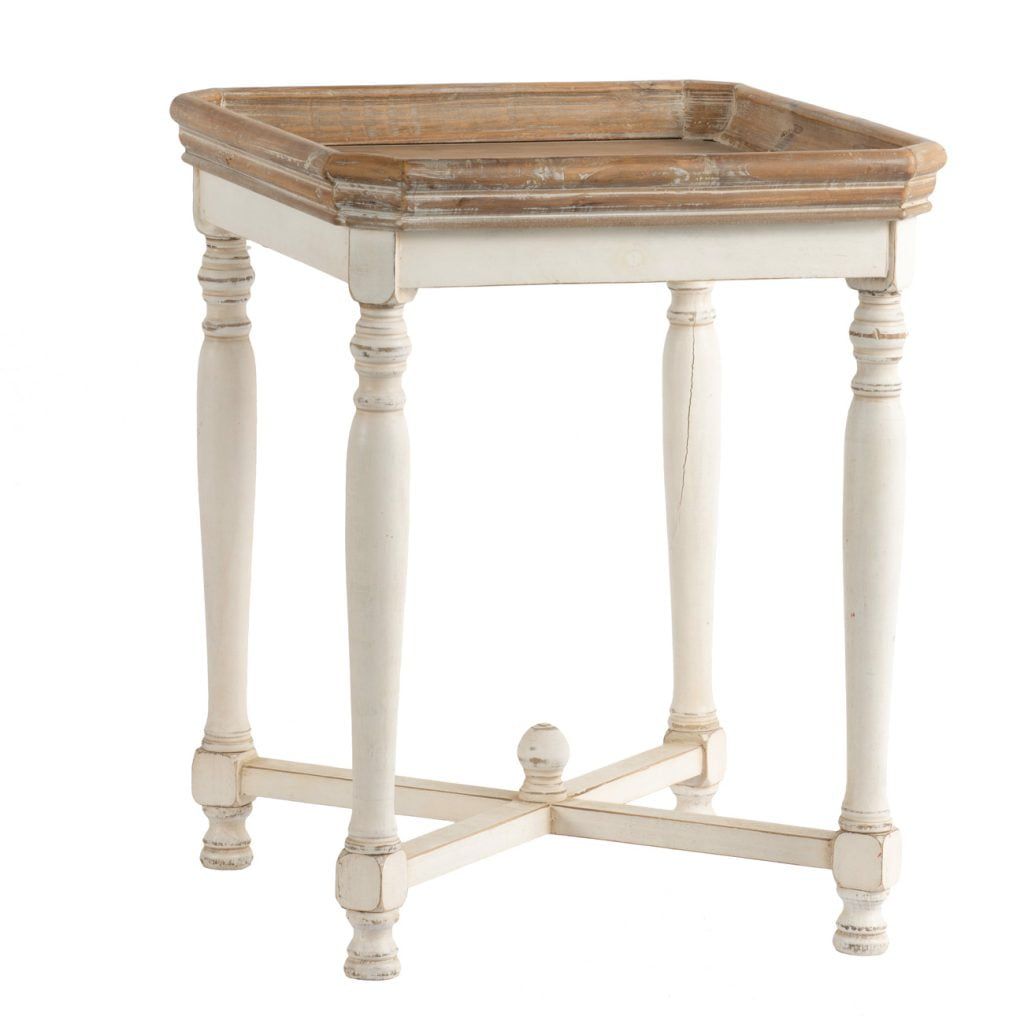 Elegant 25" Distressed White and Natural Wood Square Side Table