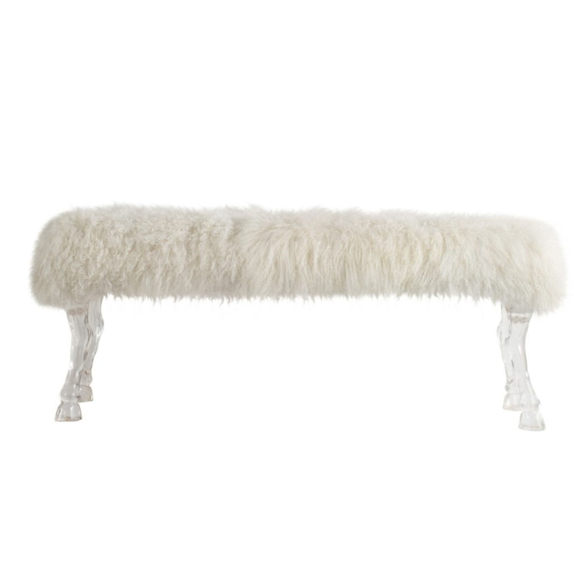 49" Glamorous White Faux Sheepskin Bench with Clear Acrylic Legs