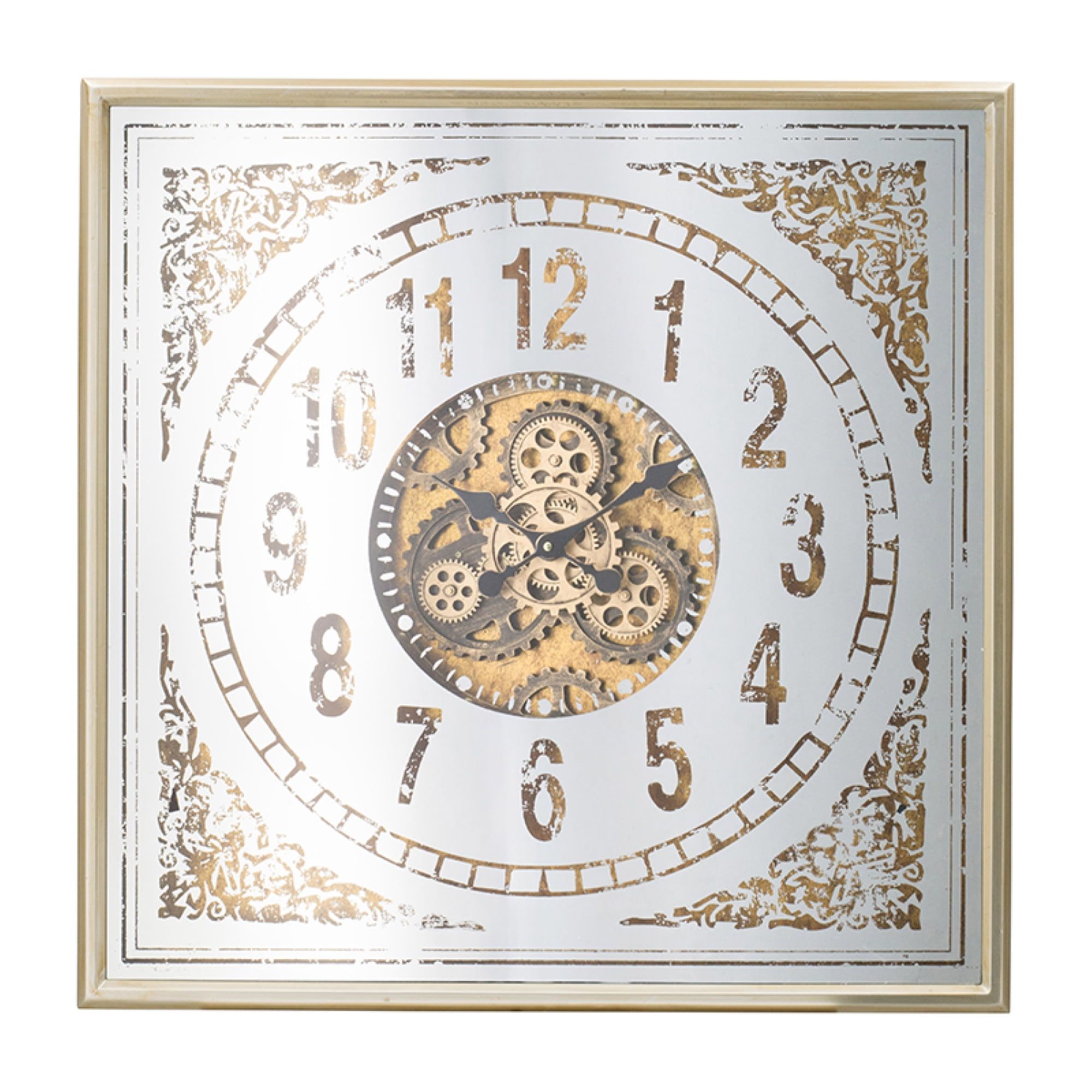 White and Gold 31.5'' Square Floral Gear Wall Clock