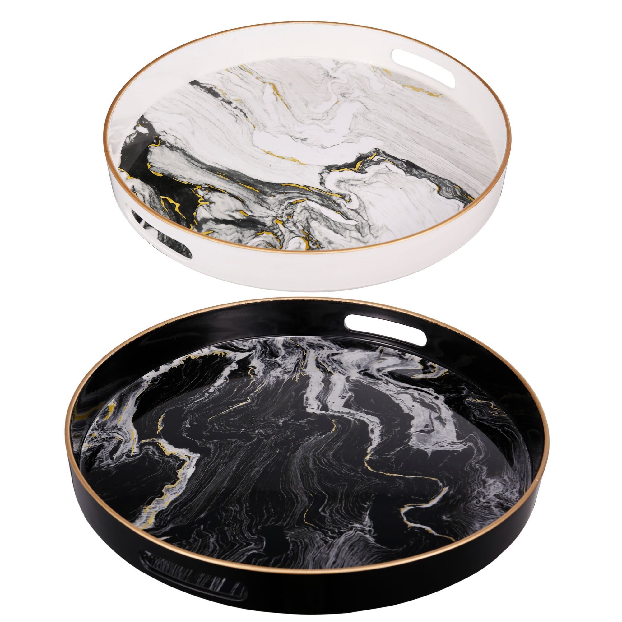 Set of 2 Black and White Faux Marble Round Trays with Gold Accents