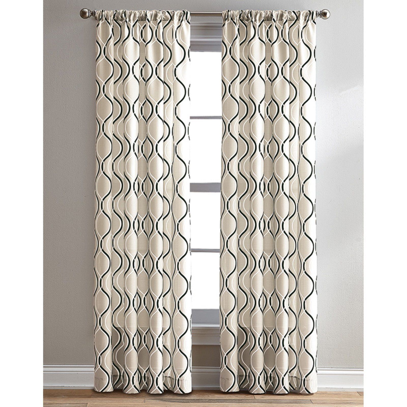 Black and Beige Geometric Polyester Rod Pocket Curtain Panel