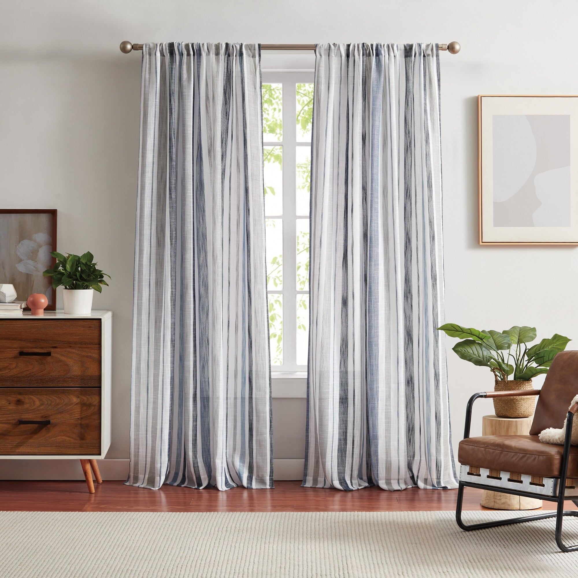 Navy Sheer Polyester Striped 95" Window Curtains