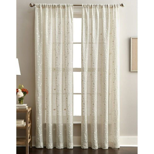 Linen Beige Embroidered Sheer 95" Rod Pocket Window Panel