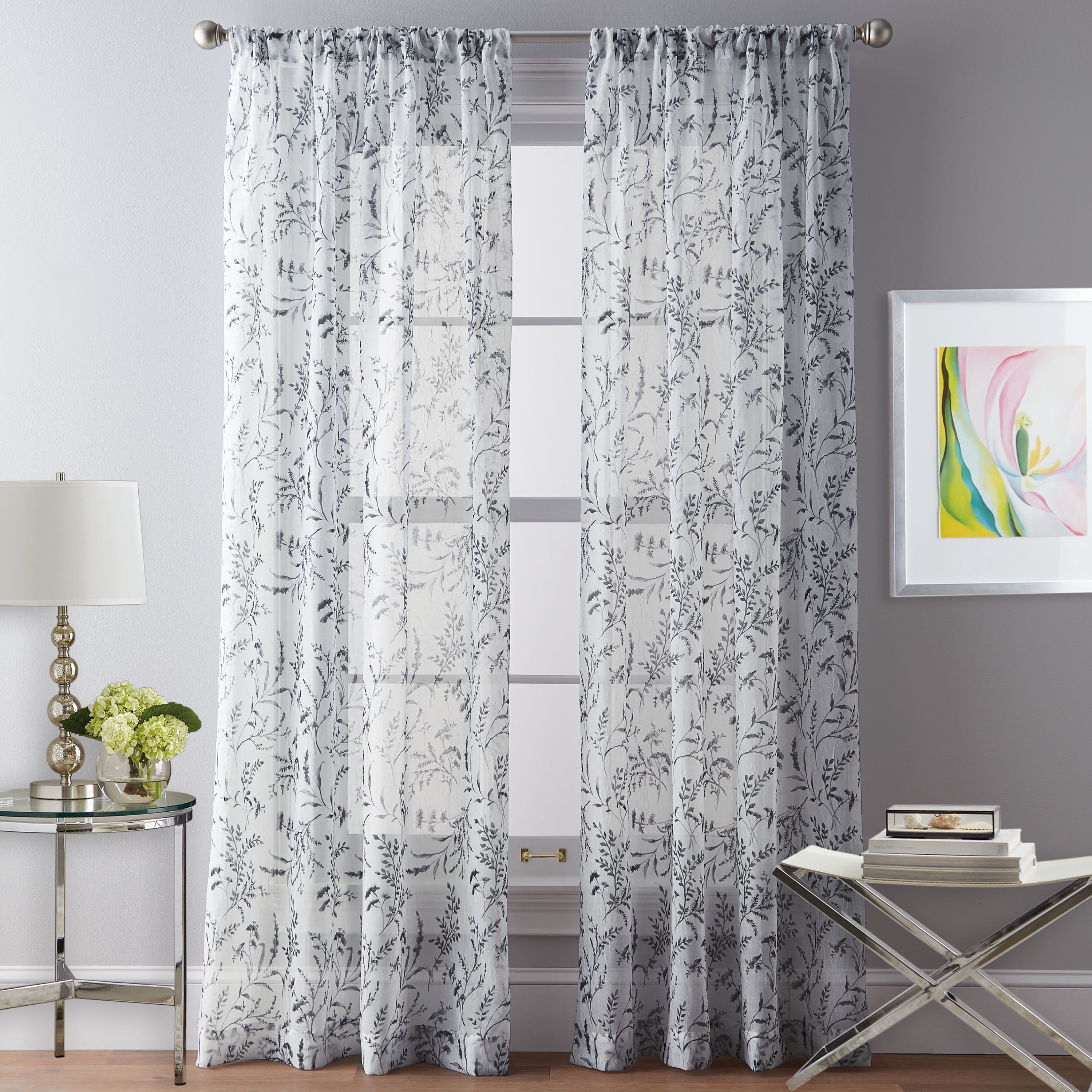 Gray Floral Sheer Rod Pocket Drape Panel, 84-Inch Polyester