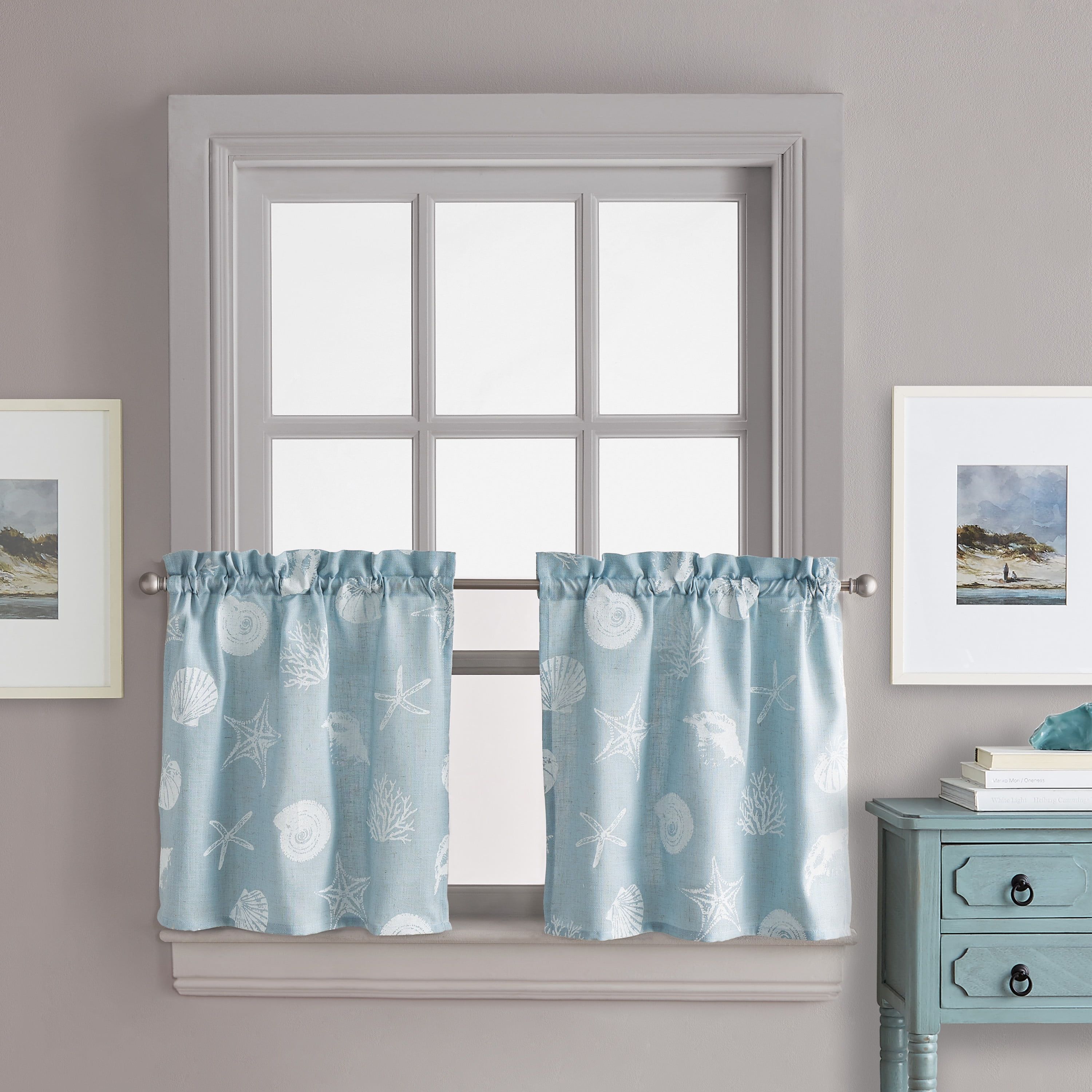 CHF Seashells 24" Tier Curtain, Pair, Printed, Aqua, Adult