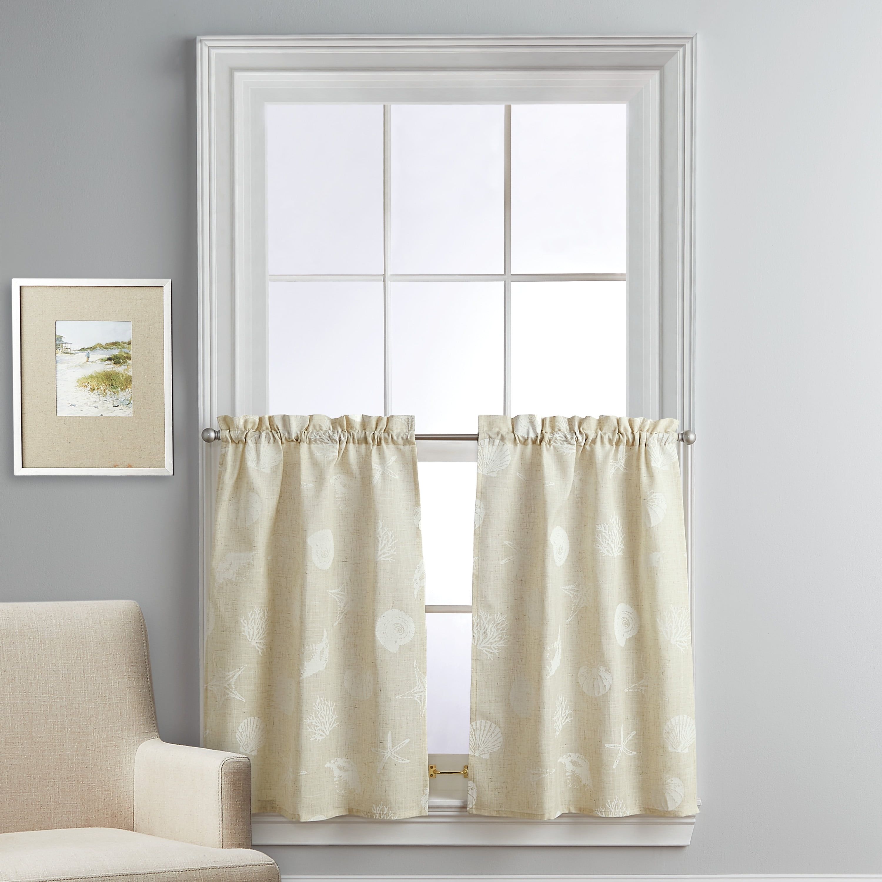 Linen and Polyester Seashell Print Light-Filtering Tier Curtains