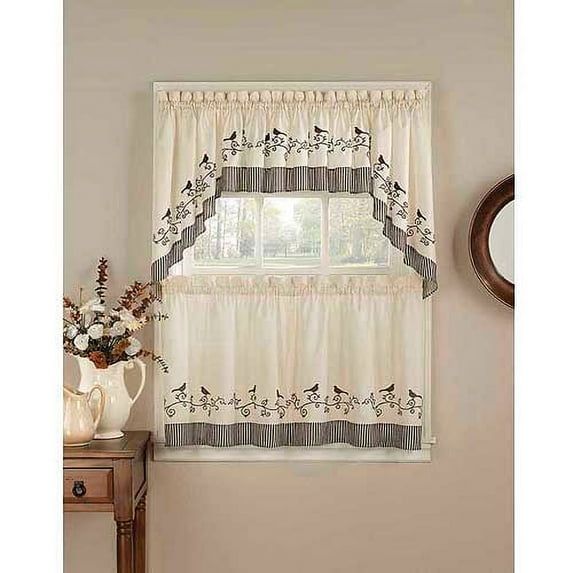 Ivory and Chocolate Brown Embroidered Polyester Kitchen Tier Curtains