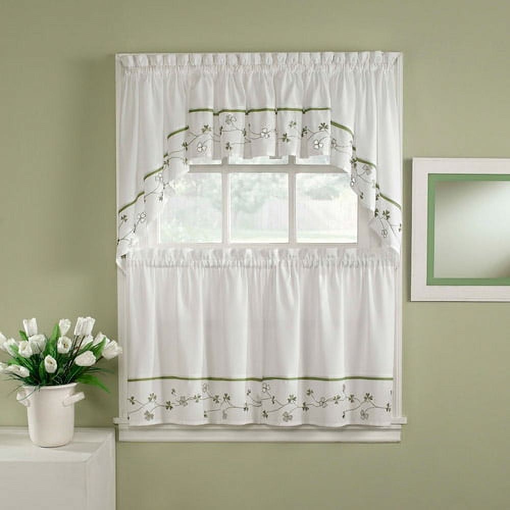 White Embroidered Floral Swag Curtain Pair with Rod Pocket