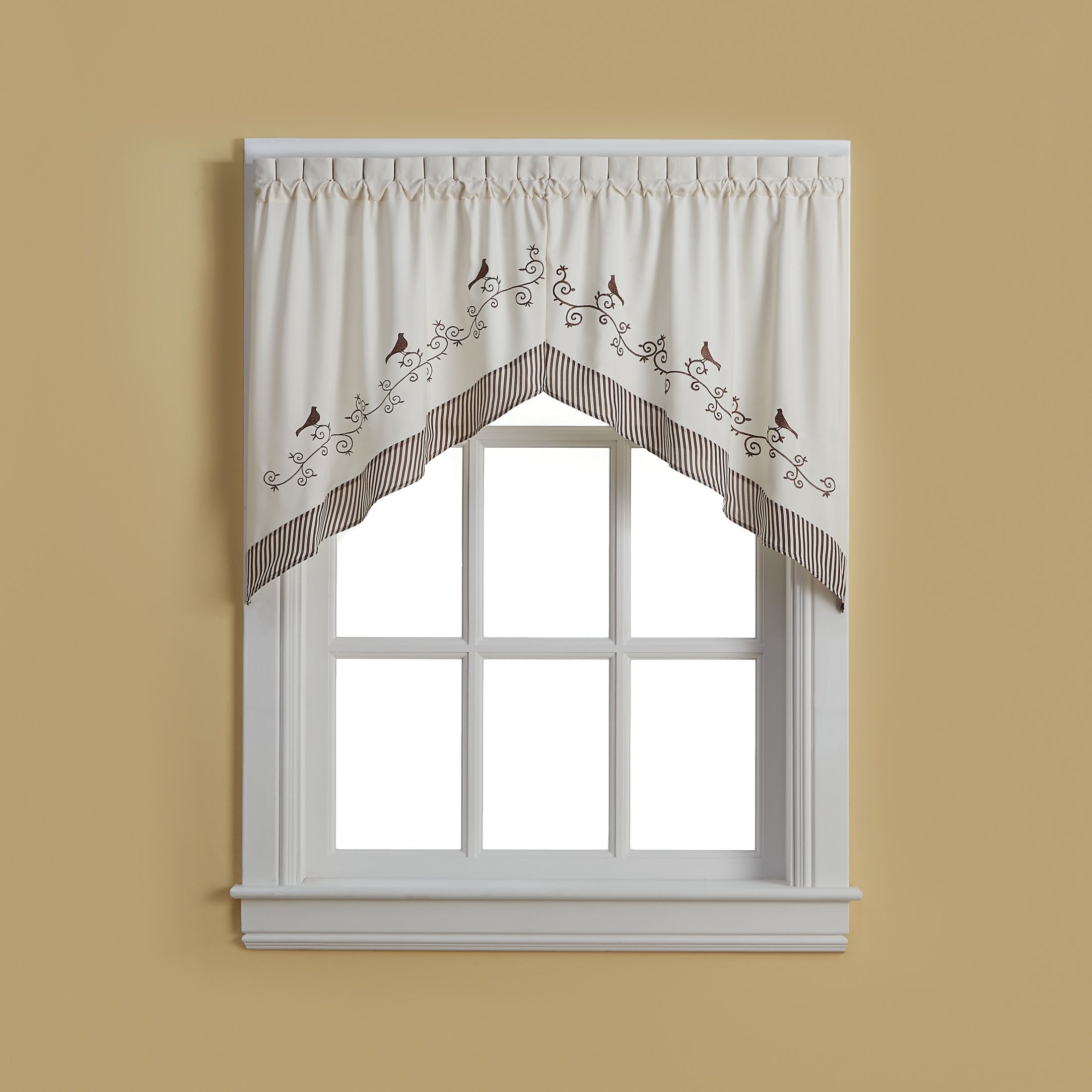 Ivory and Brown Embroidered Polyester Kitchen Window Swag Curtain