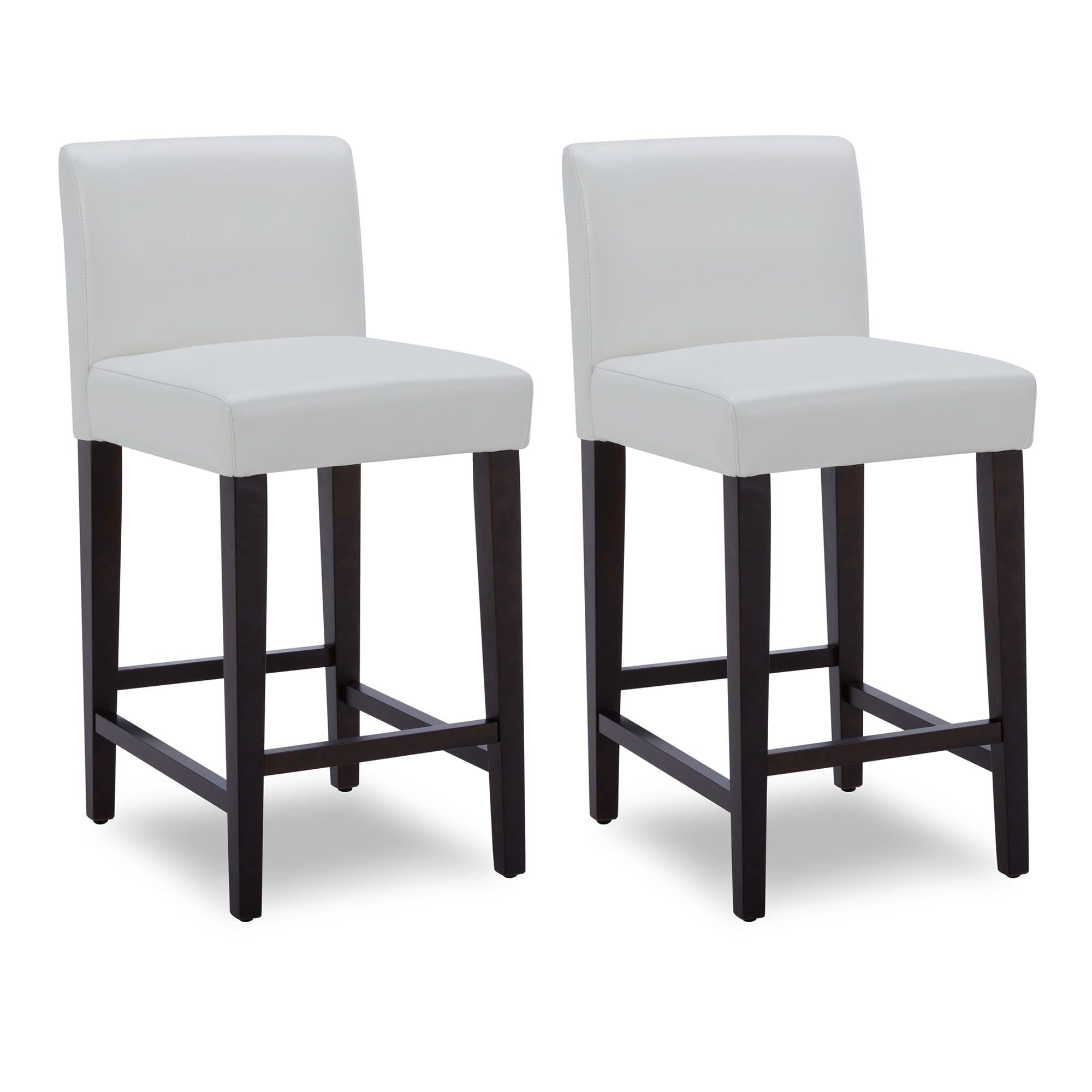 White Faux Leather and Wood Counter Height Bar Stools, Set of 2