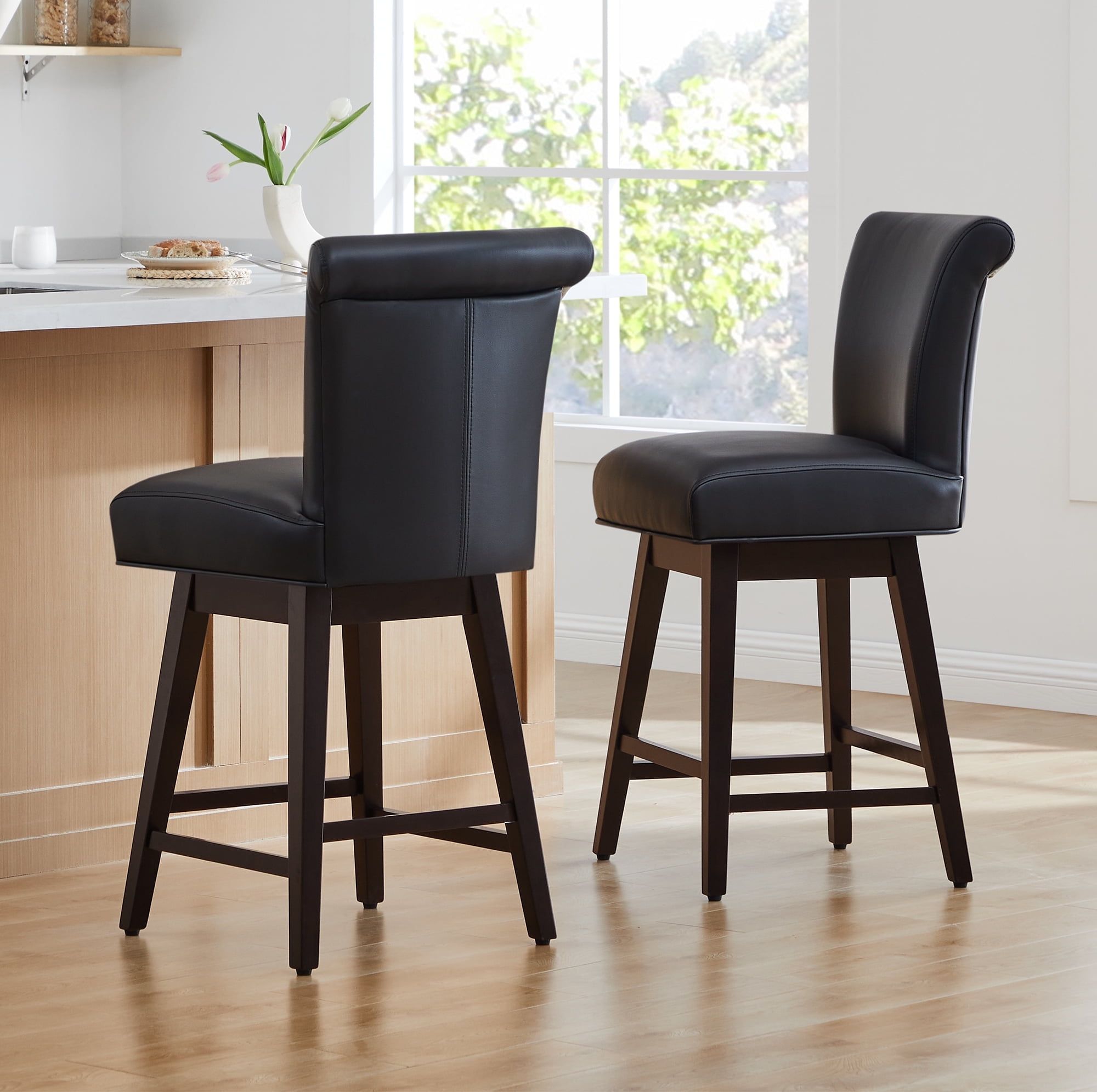 Black Faux Leather Swivel Counter Bar Stools with Wood Legs, Set of 2