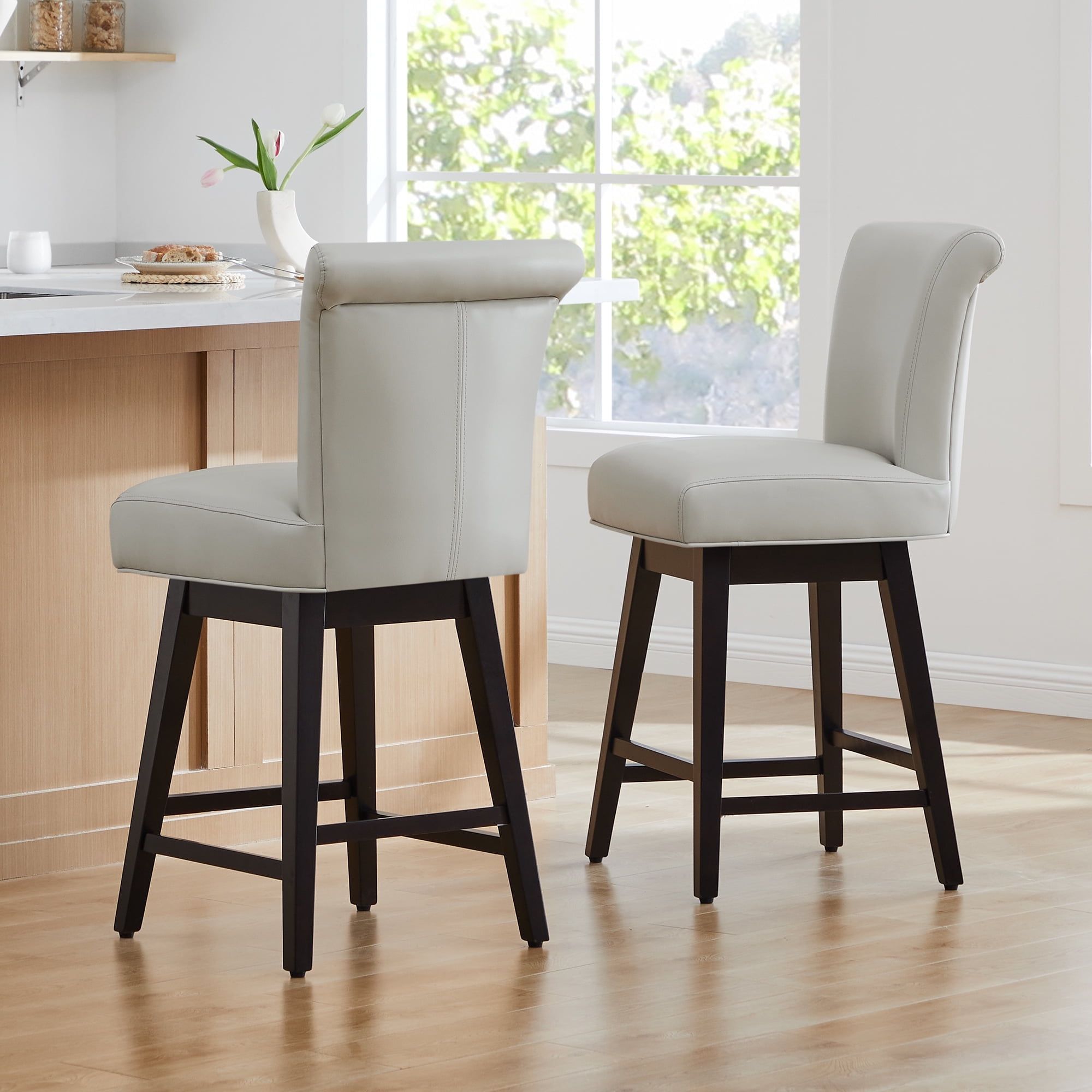 Creamy Gray Faux Leather Swivel Counter Bar Stools with Wood Legs, Set of 2