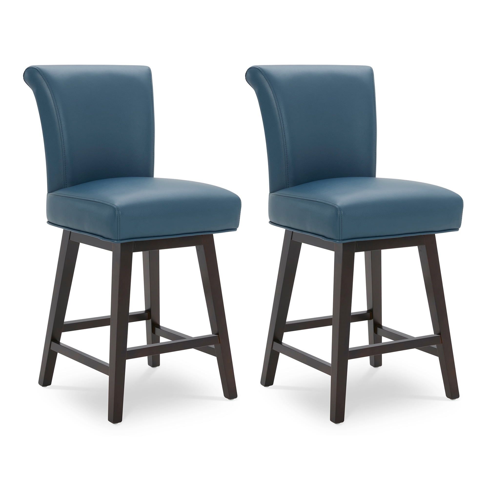Dark Blue Faux Leather Swivel Counter Bar Stools with Wood Legs, Set of 2