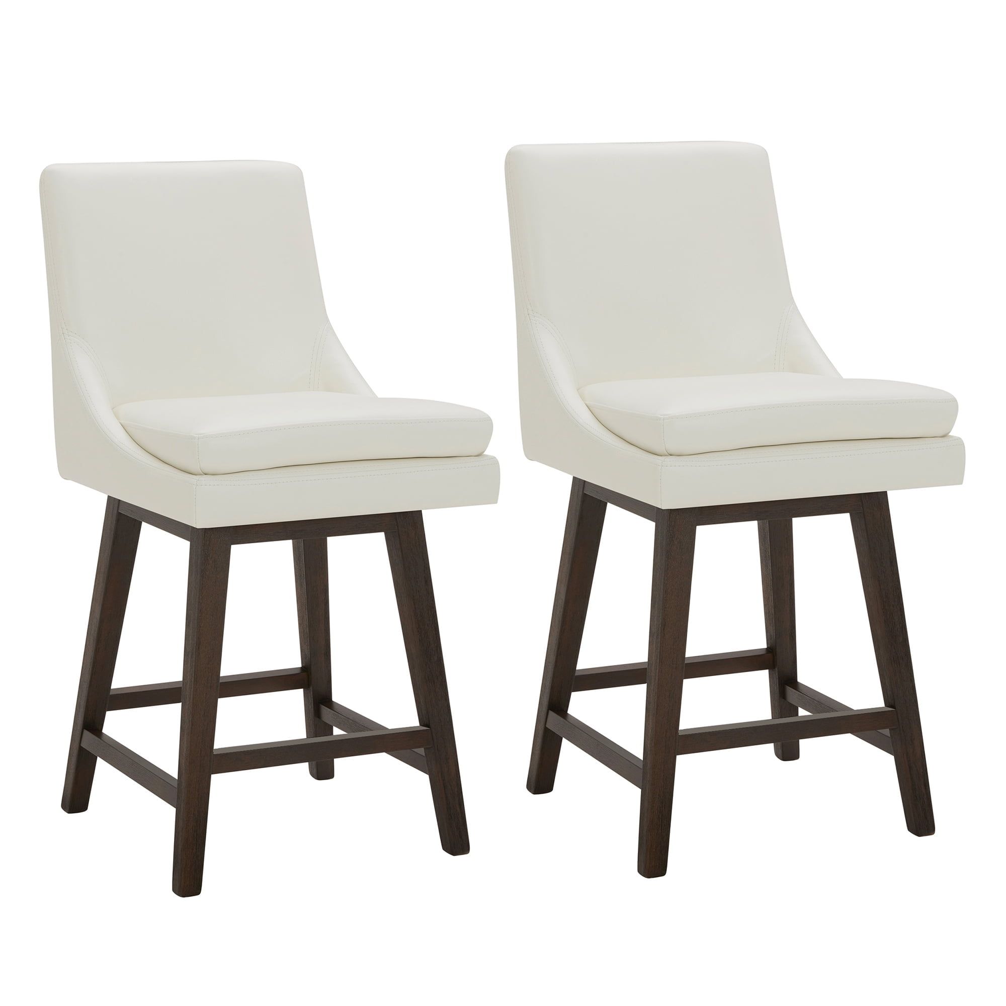 Pure White Swivel Faux Leather Counter Stools with Wood Legs, 26" Seat Height