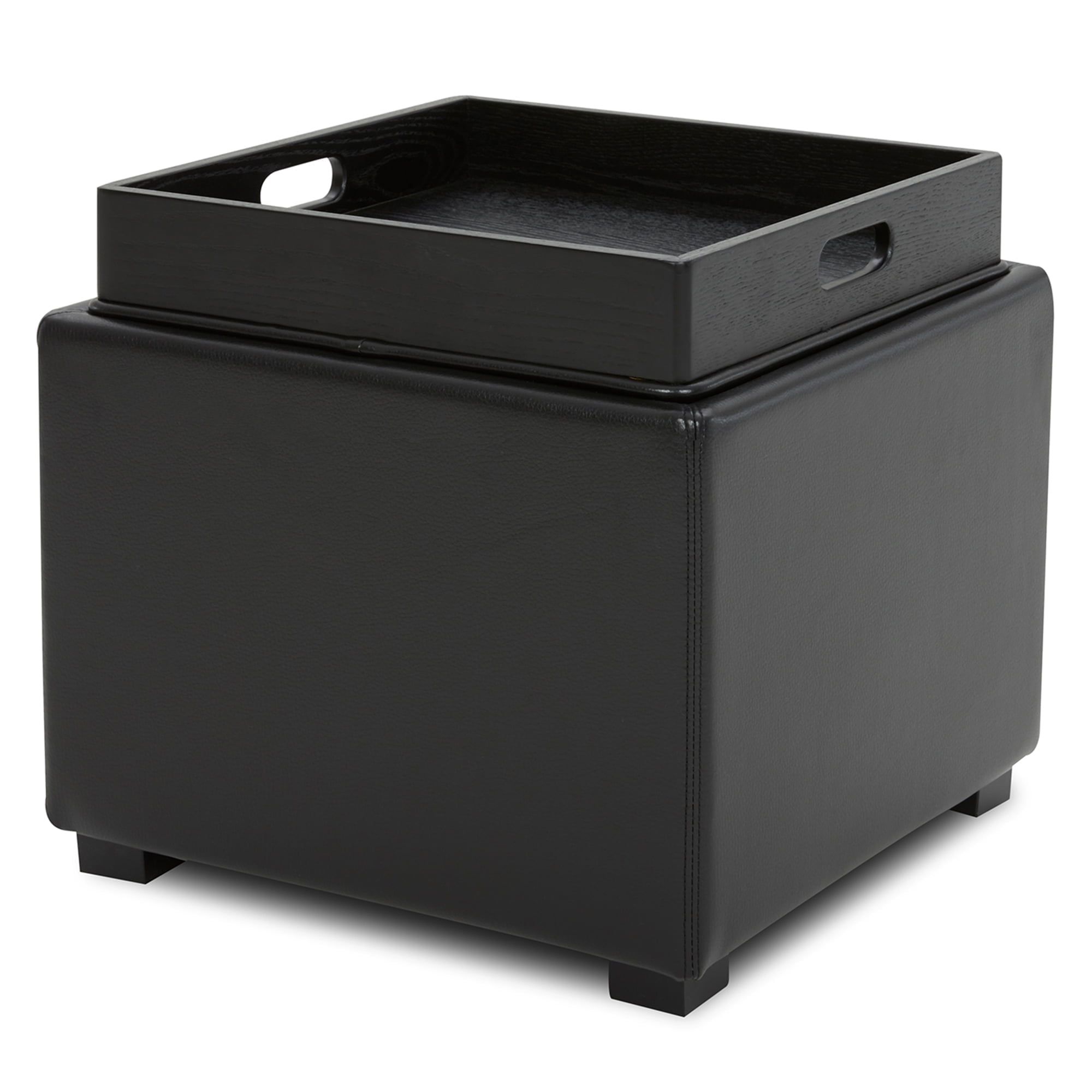 Black Faux Leather Storage Ottoman Cube with Tray Lid