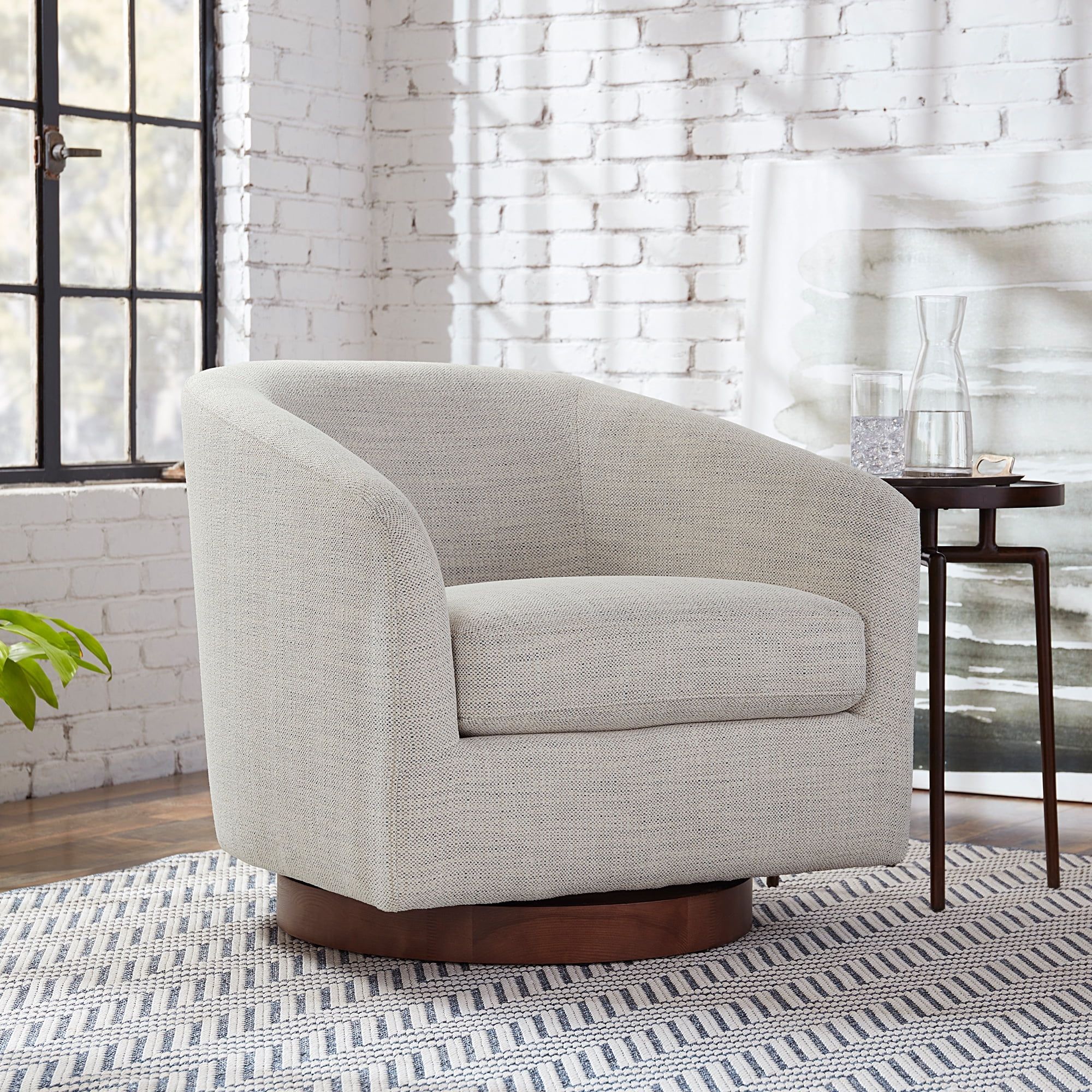 Ivory Upholstered Swivel Barrel Chair with Wood Base
