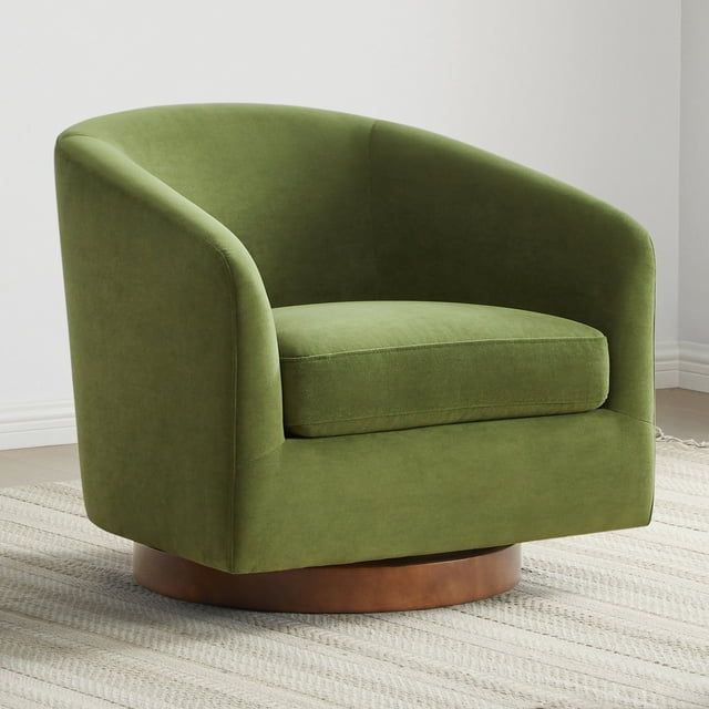 Forest Green Velvet Barrel Swivel Accent Chair with Wood Base