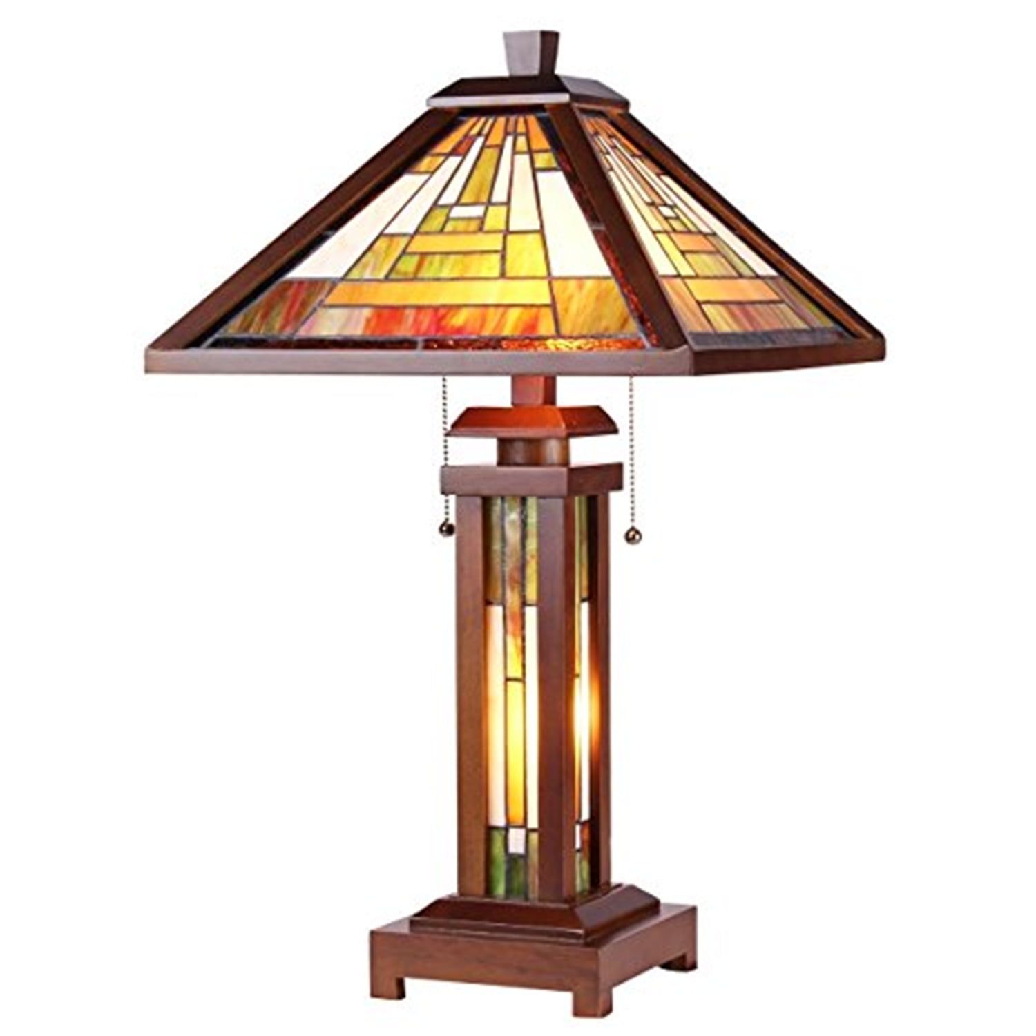 Gawain Multicolor Stained Glass Mission Table Lamp with Wooden Base