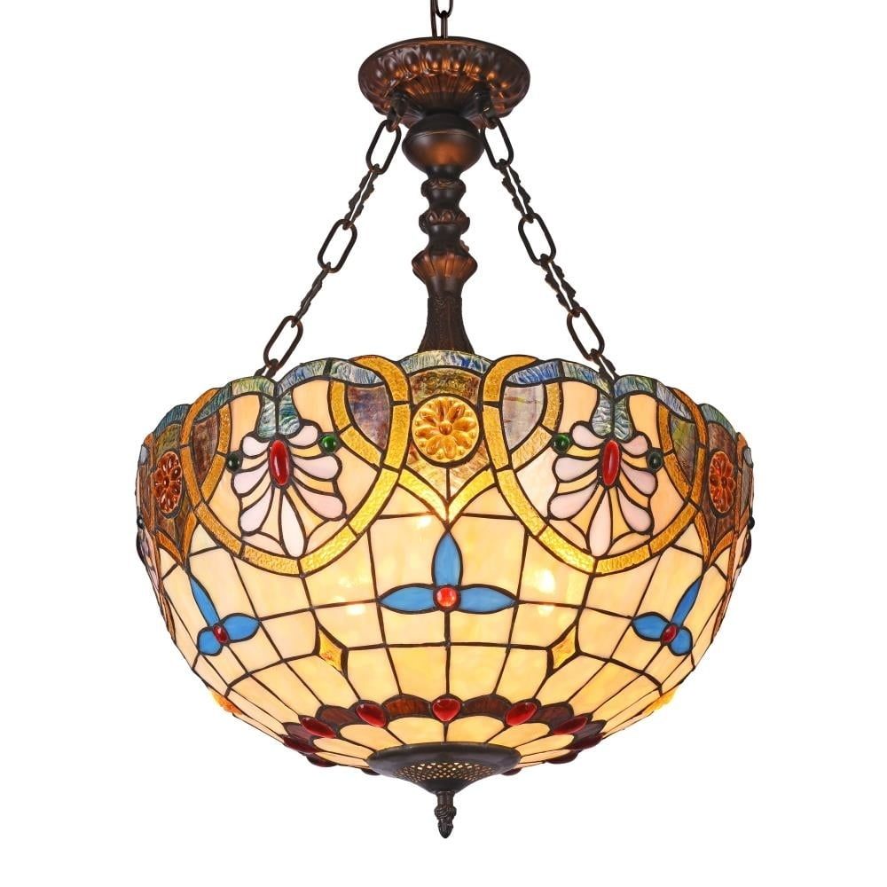 Victorian Tiffany-Style 2-Light Inverted Ceiling Pendant with Art Glass Shade