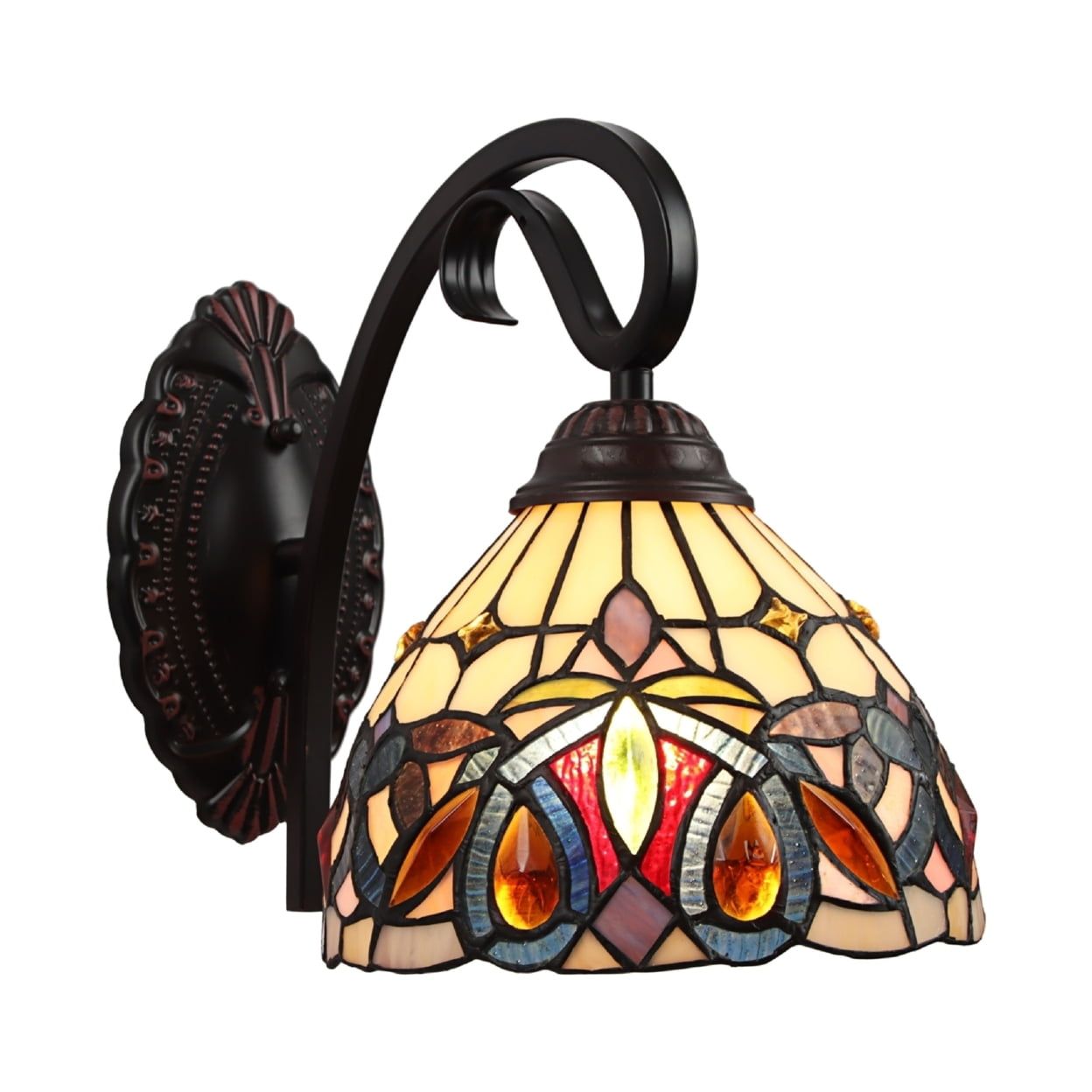 Victorian Tiffany-Style Bronze 1-Light Wall Sconce with Stained Glass