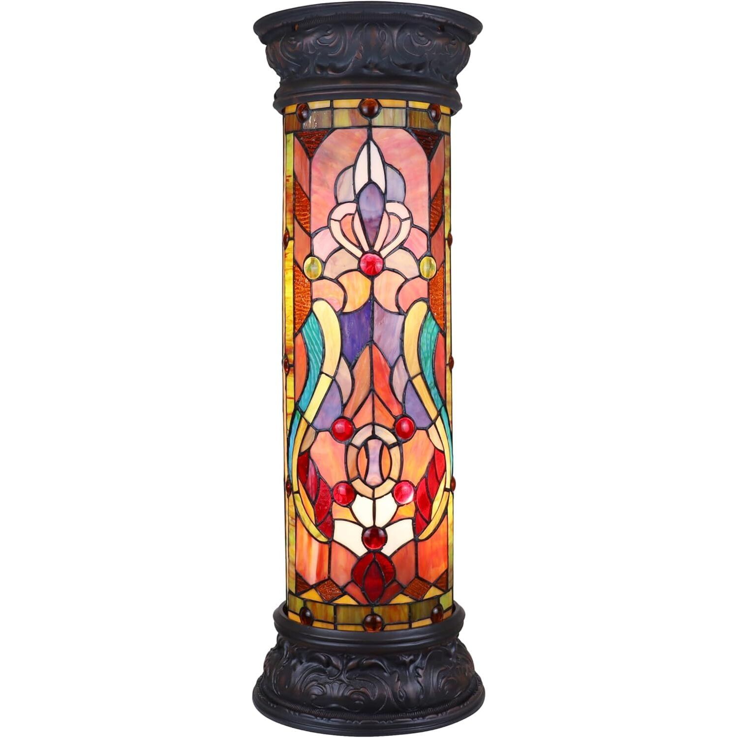 Victorian Stained Glass 30" Pedestal Lamp in Textured Black and Bronze