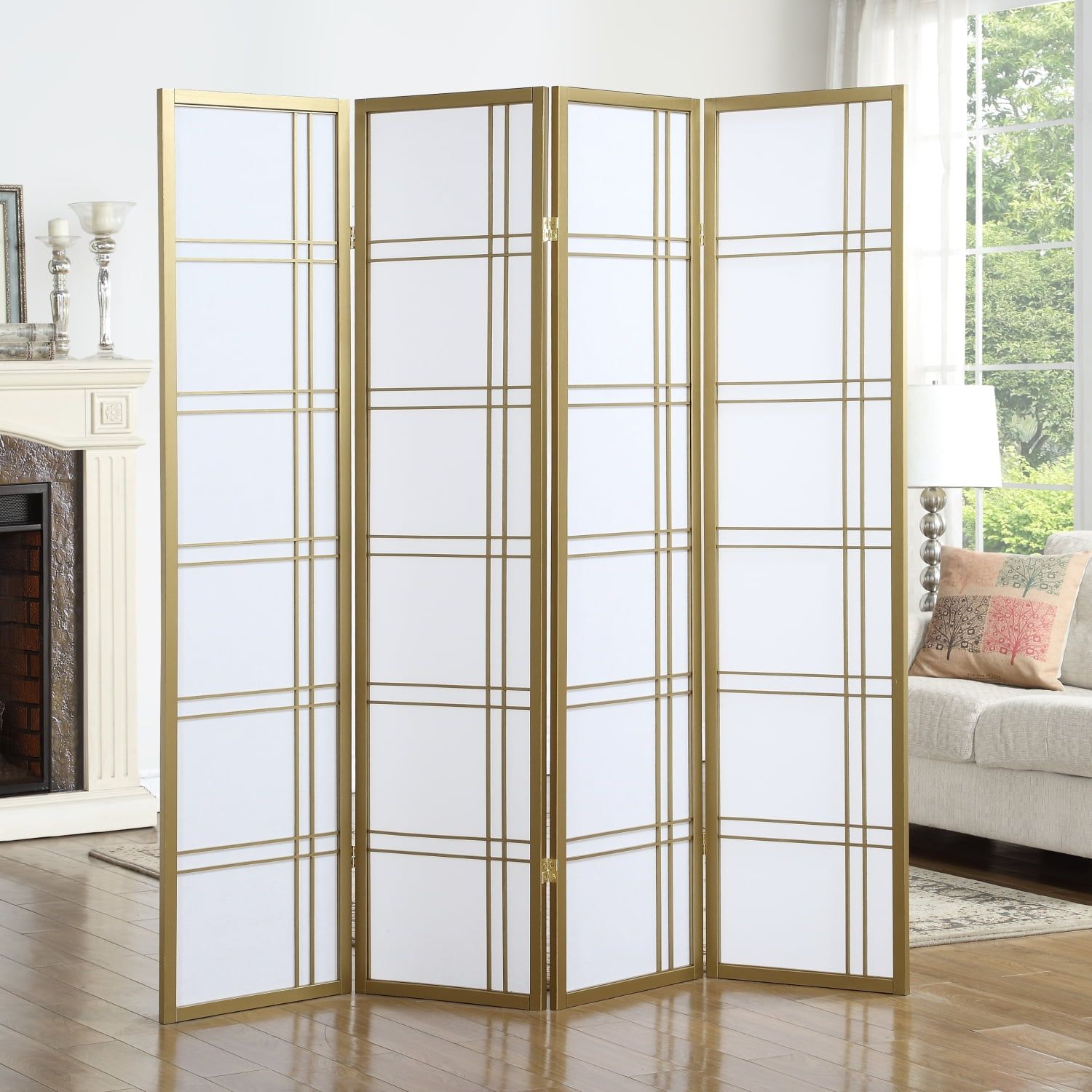 Gold Shoji 4-Panel Folding Room Divider with Wood Frame