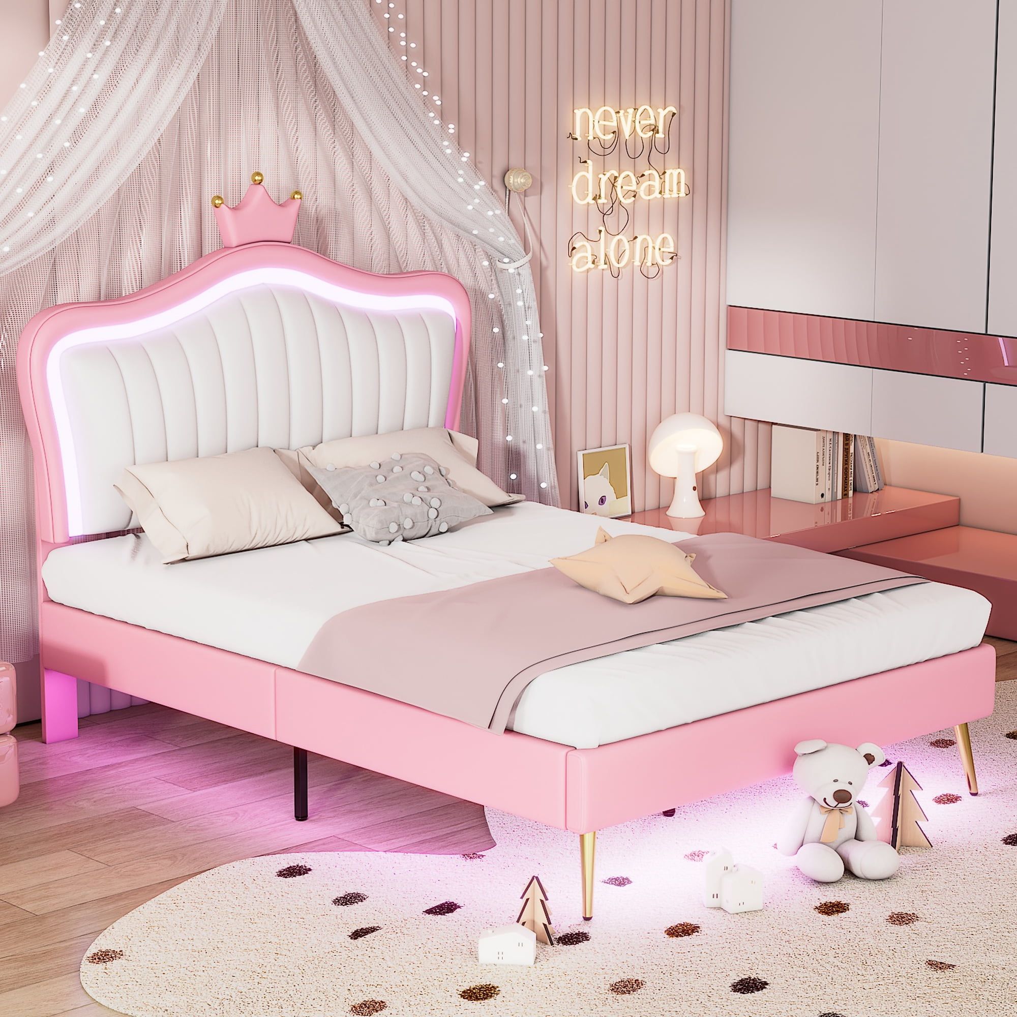 Full Size Pink and White Faux Leather Princess Bed with LED Crown Headboard