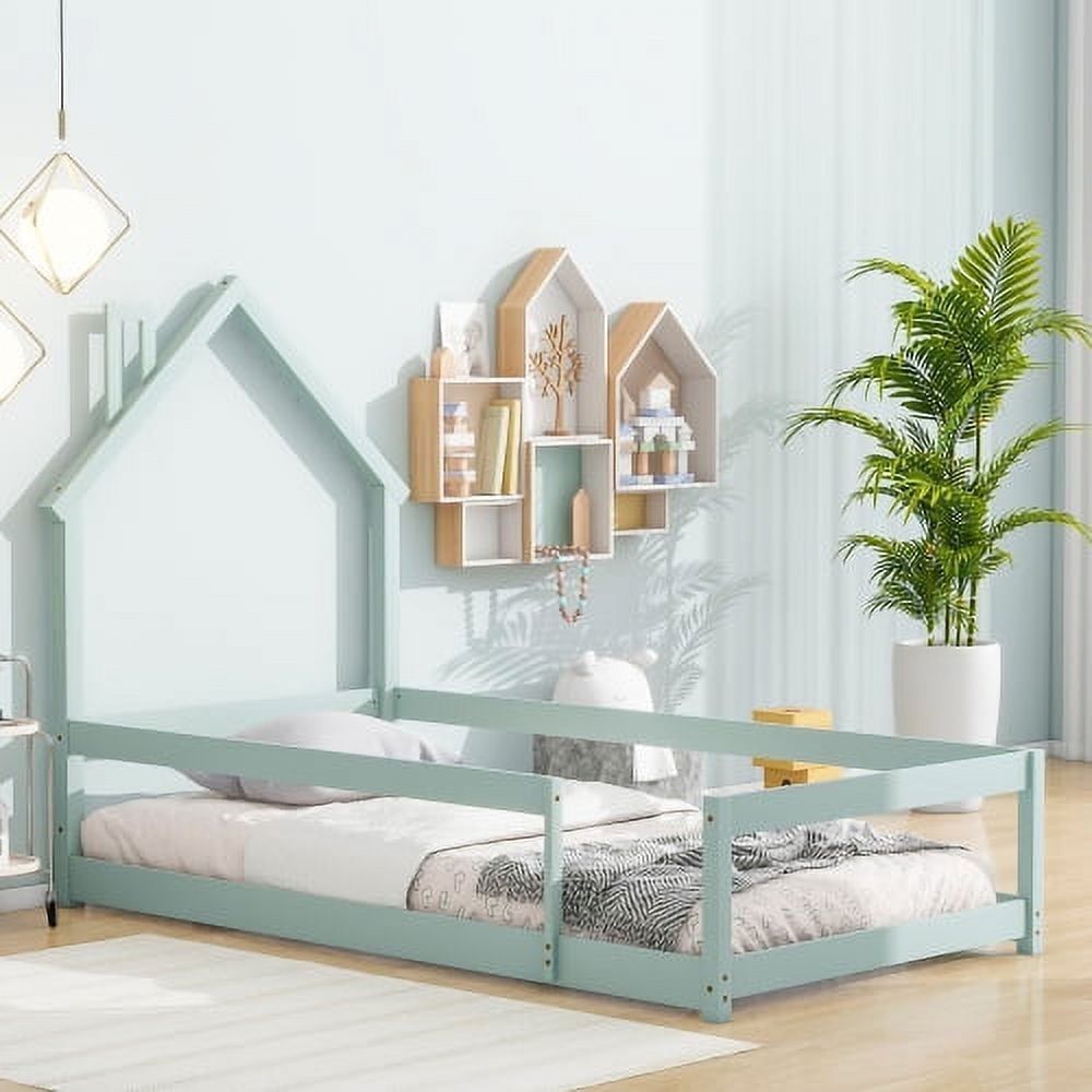 Light Green Twin Pine Wood Platform Bed with House Headboard