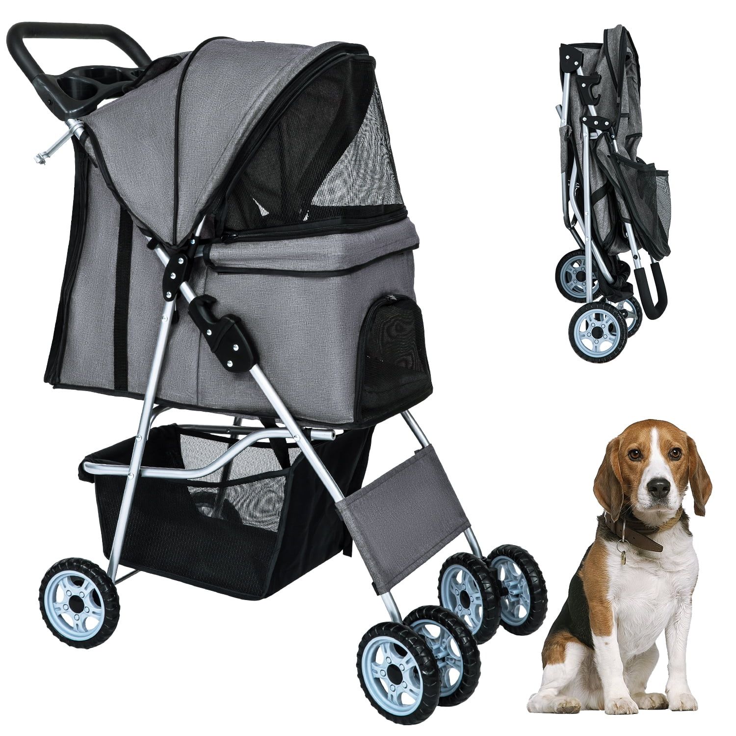 Gray Lightweight Folding Pet Stroller with Cup Holder