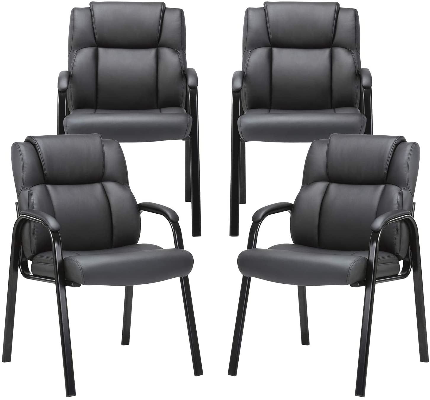 Black Leather and Metal Reception Chairs with Padded Arms, 4 Pack