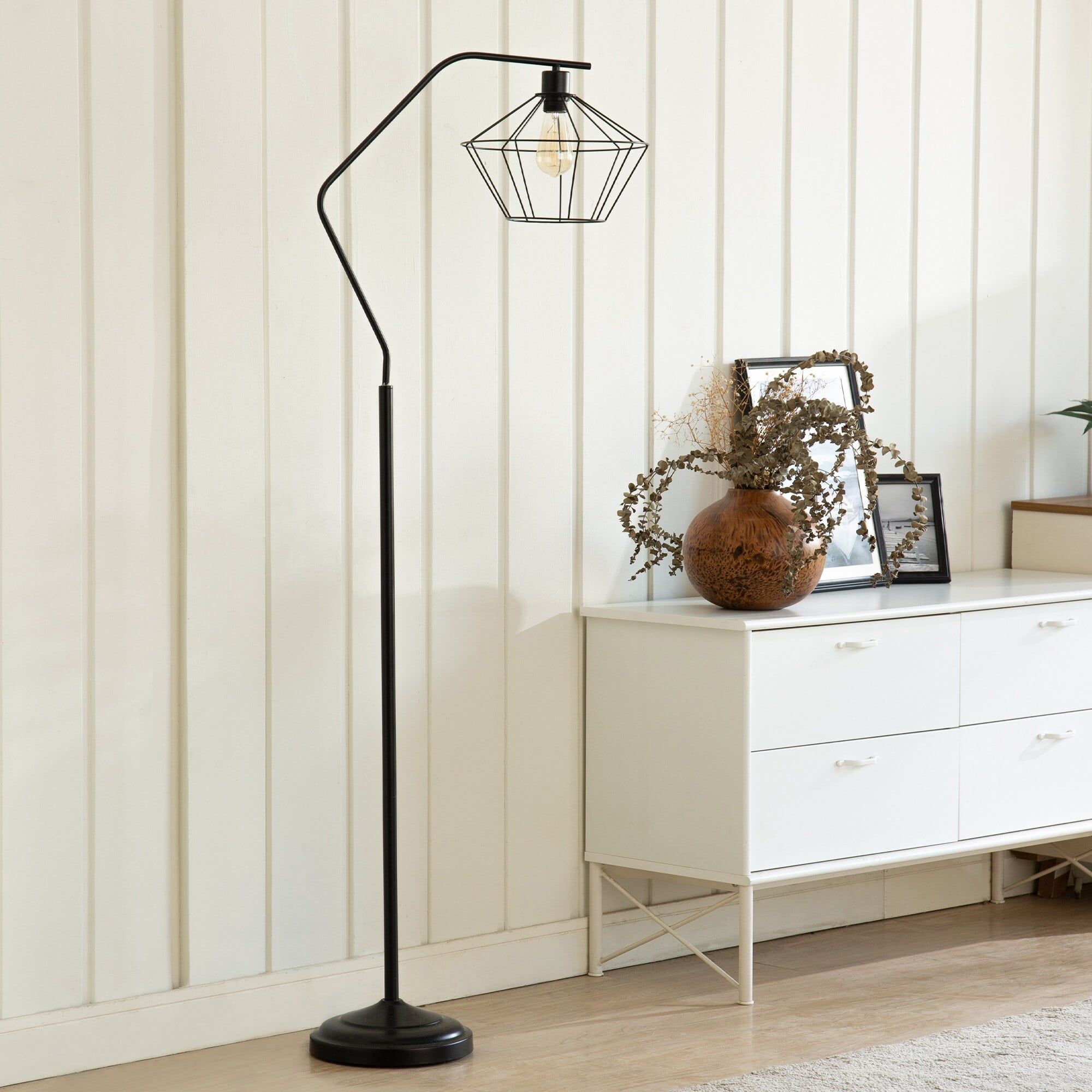 Modern Arc Black Metal Floor Lamp with Geometric Cage Shade