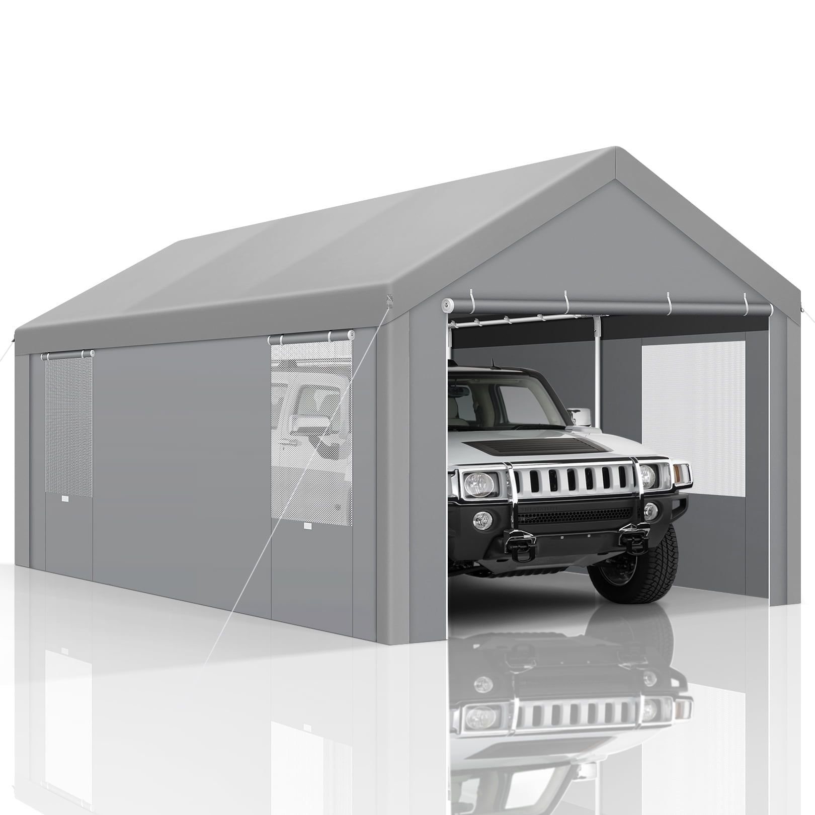 Gray 10' x 20' Portable Carport with Windows and Steel Frame