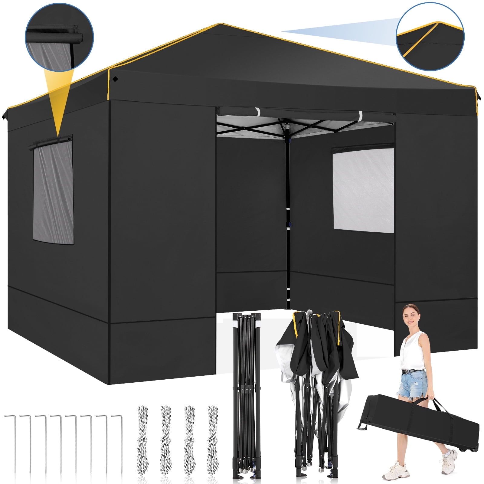 Black 10x10 Waterproof Pop-Up Canopy Tent with Mesh Windows and Carry Bag