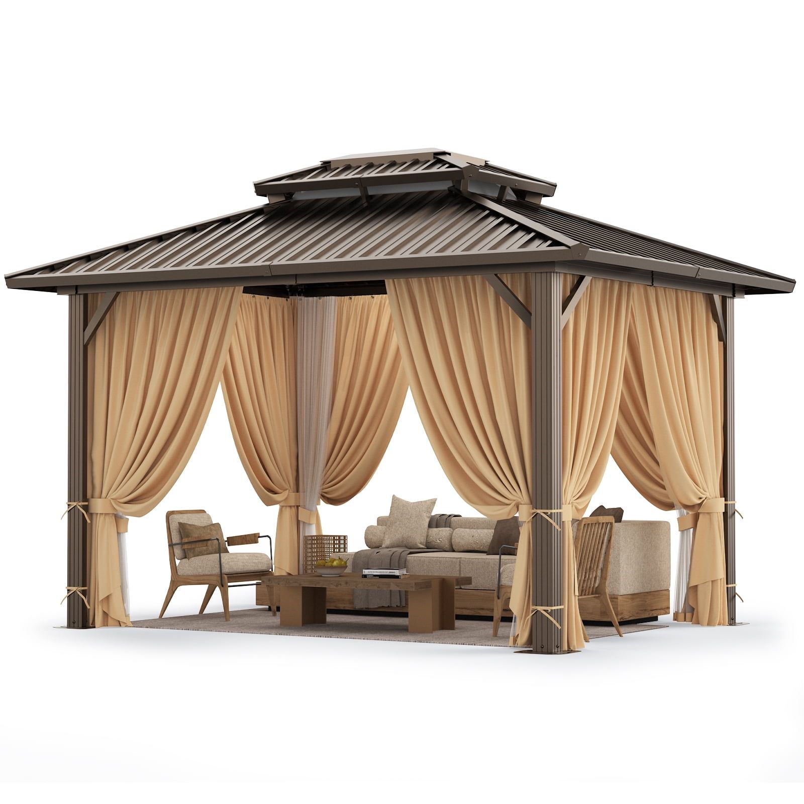 10x12 Brown Aluminum and Steel Hardtop Gazebo with Curtains