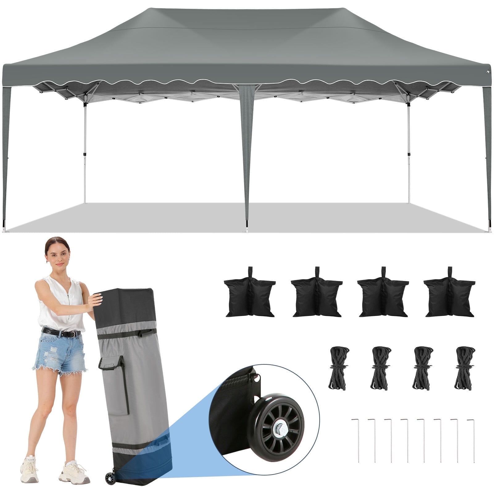 Gray 10' x 20' Heavy Duty Pop-Up Canopy Tent with Roller Bag