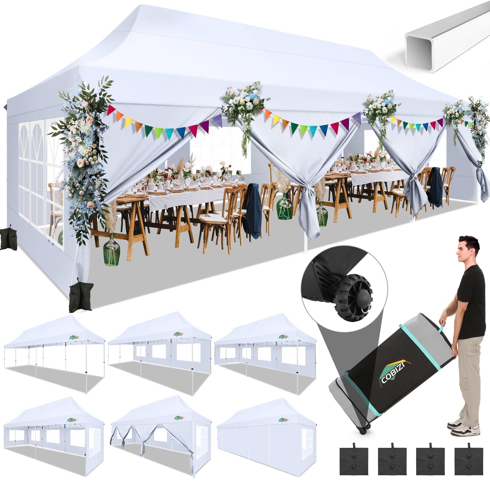 COBIZI 10x30 White Pop-Up Canopy Tent with Sidewalls