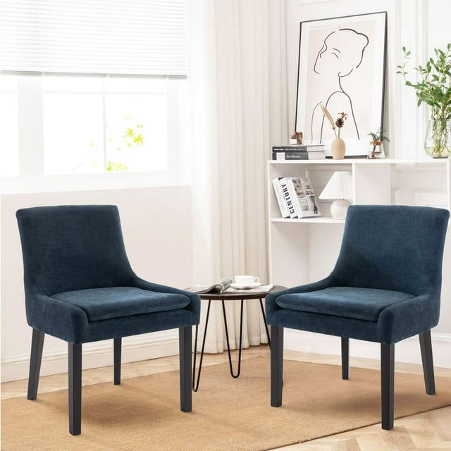 Navy Blue Upholstered Corduroy Accent Chairs with Solid Wood Legs - Set of 2