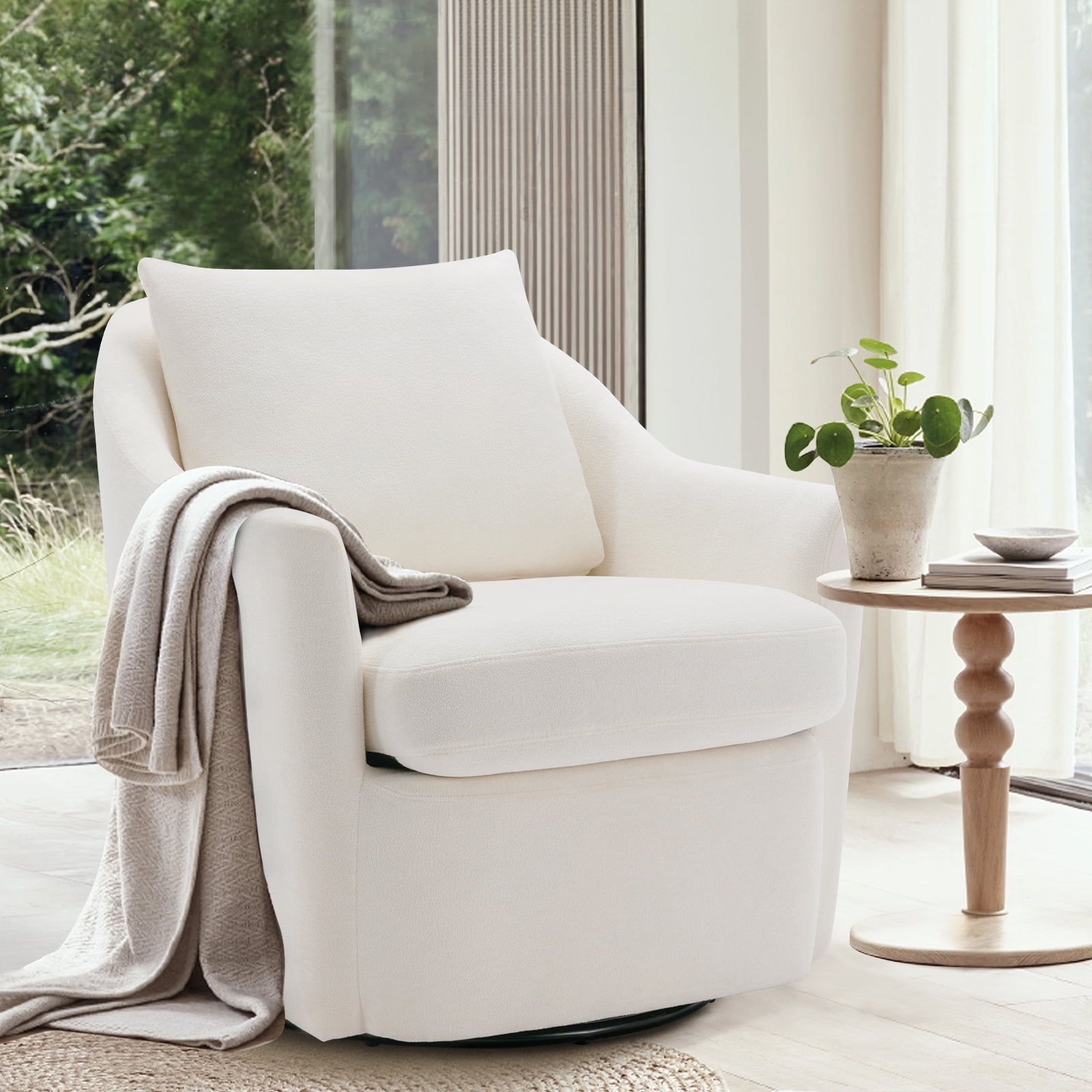 Beige Velvet Swivel Barrel Accent Chair with Pine Frame