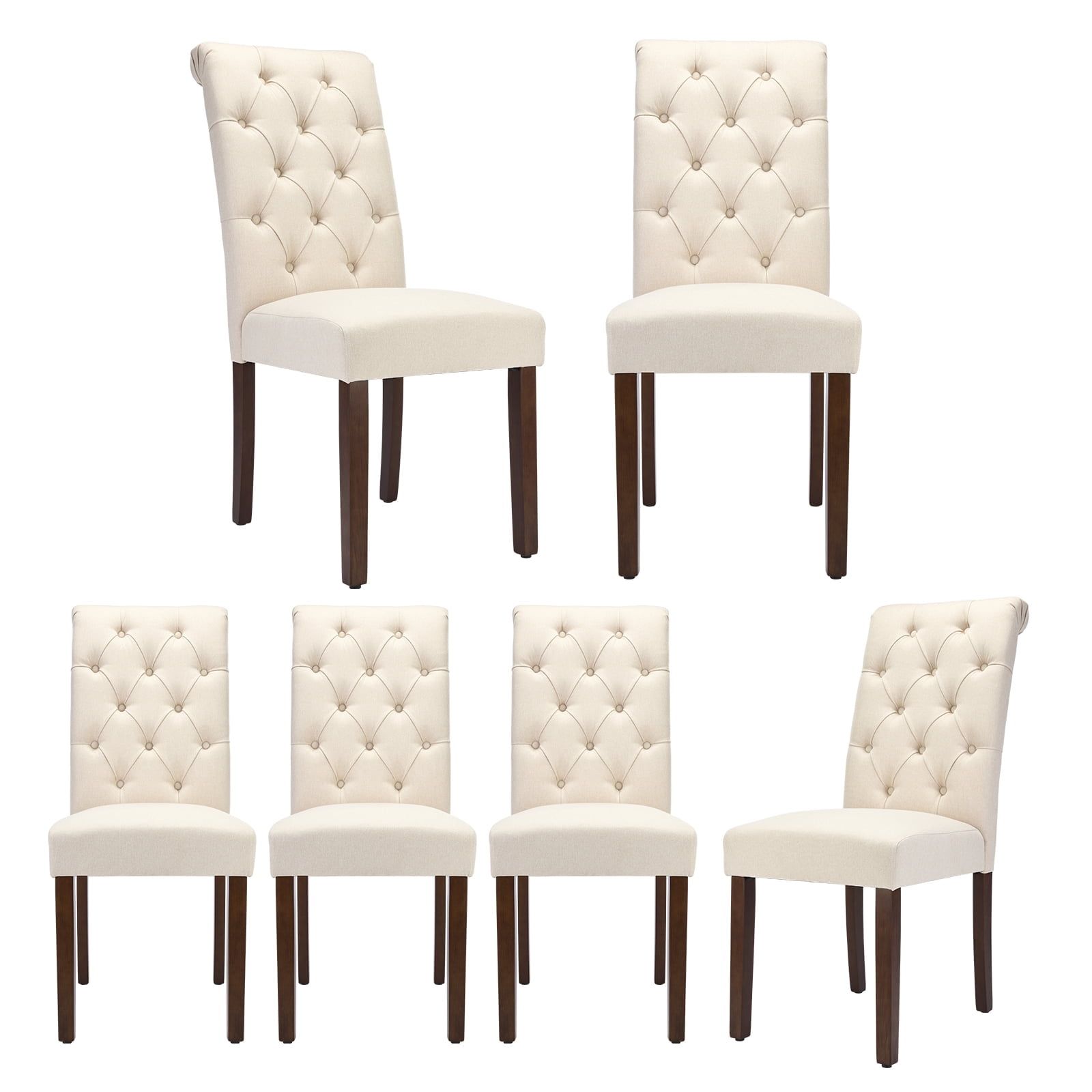 Beige Linen Upholstered Tufted Parsons Dining Side Chairs, Set of 6