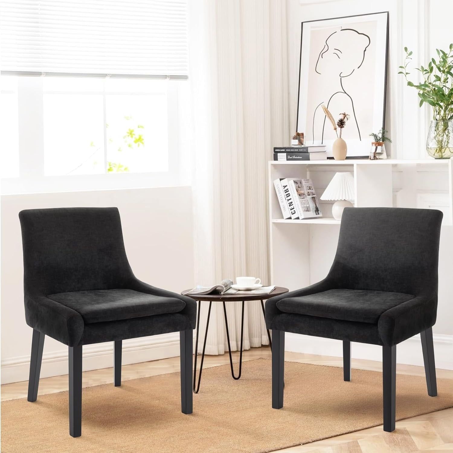 Black Corduroy Upholstered Side Chairs with Wood Legs, Set of 2